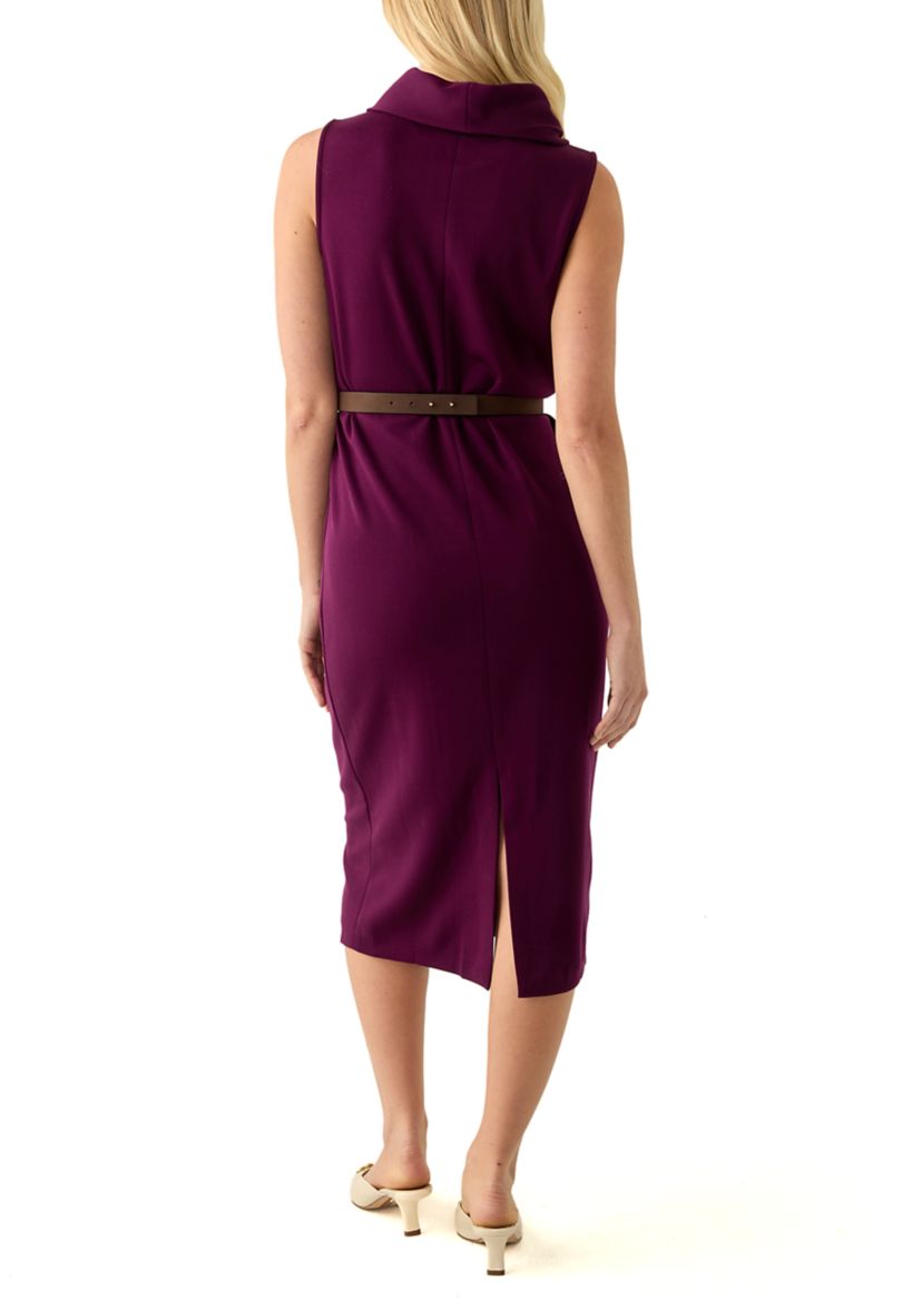 Womens Sleeveless Cowl Neck Solid Belted Midi Dress