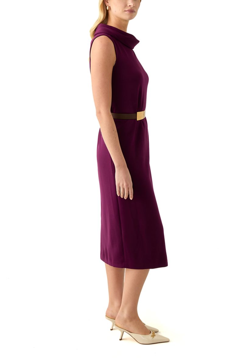 Womens Sleeveless Cowl Neck Solid Belted Midi Dress