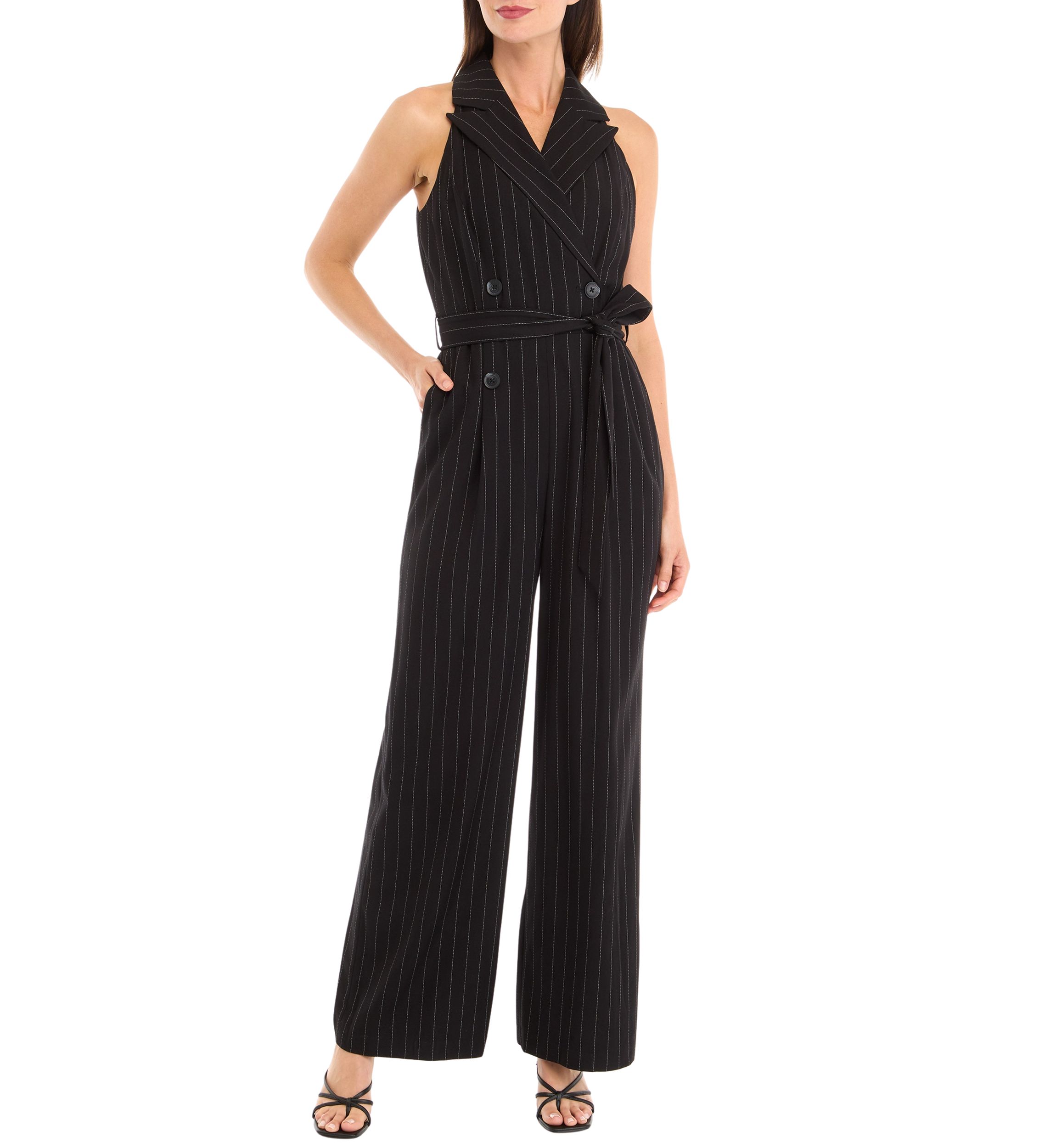 Womens Sleeveless Collared Striped Jumpsuit 