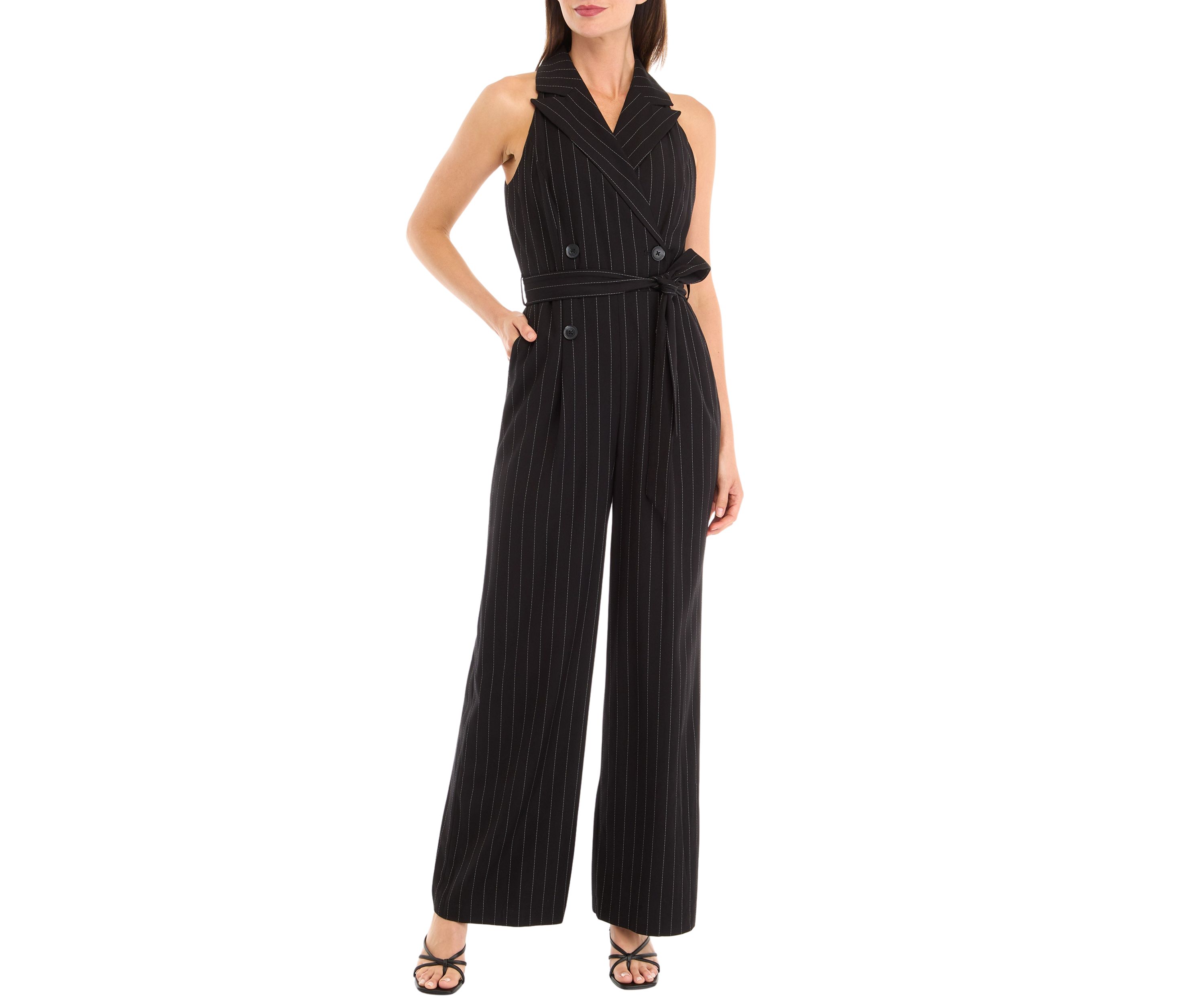 Womens Sleeveless Collared Striped Jumpsuit 
