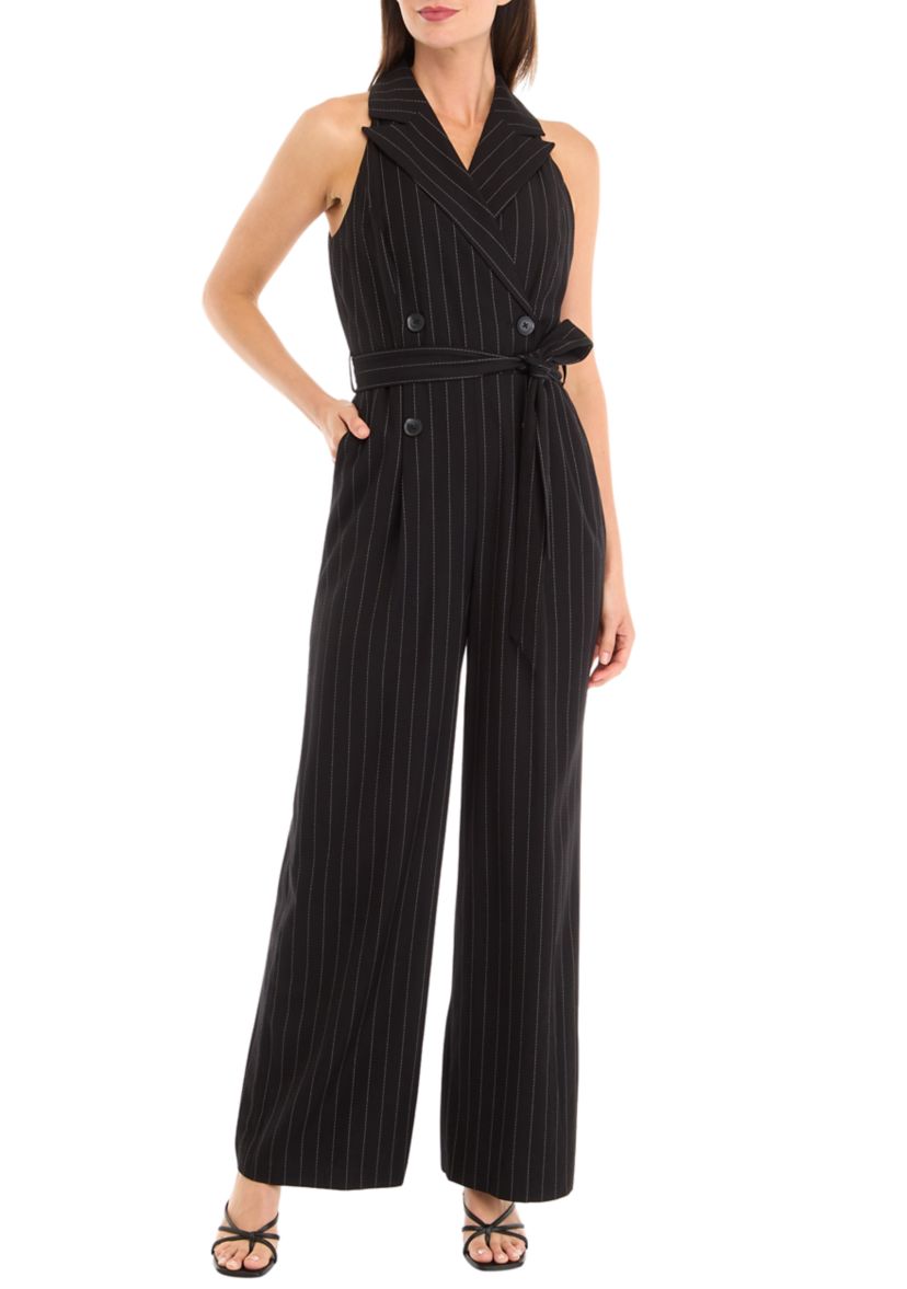 Womens Sleeveless Collared Striped Jumpsuit 