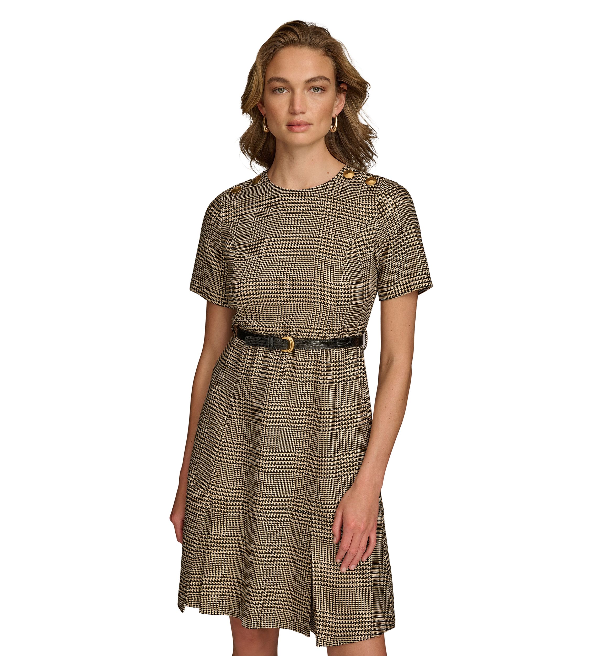 Womens Solid Belted Fit and Flare Dress