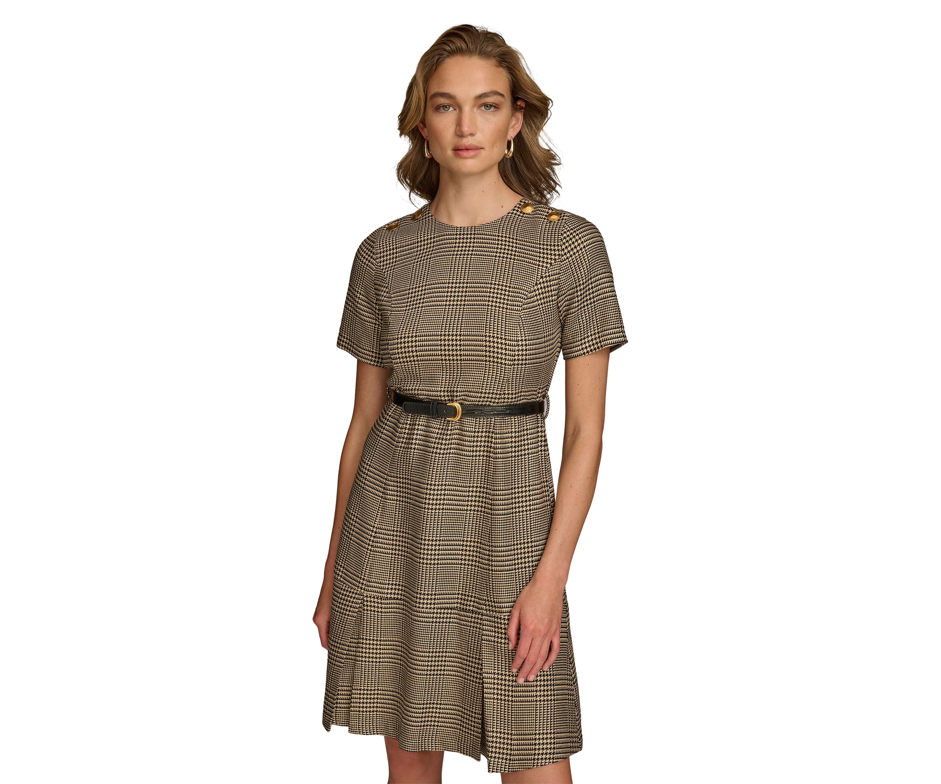 Womens Solid Belted Fit and Flare Dress