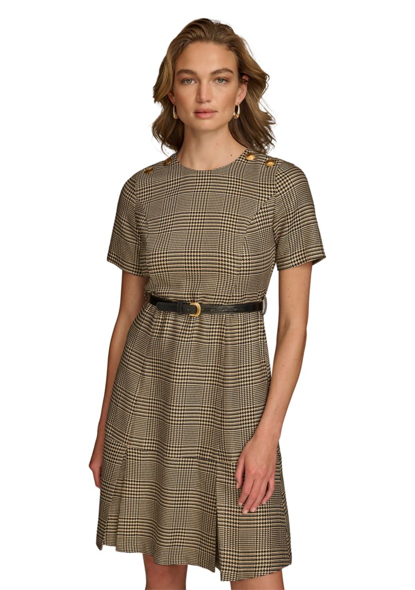 Womens Solid Belted Fit and Flare Dress