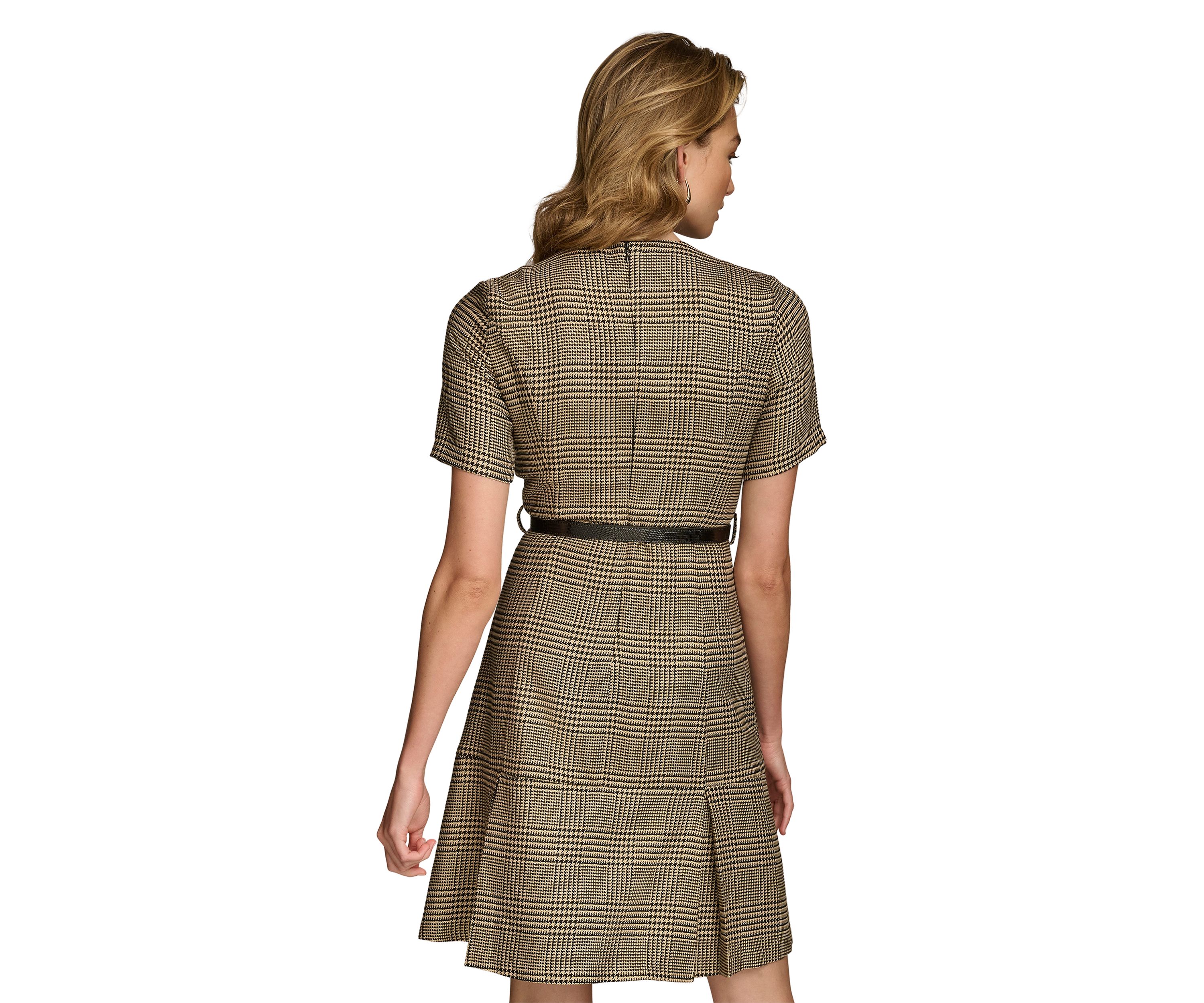 Womens Solid Belted Fit and Flare Dress