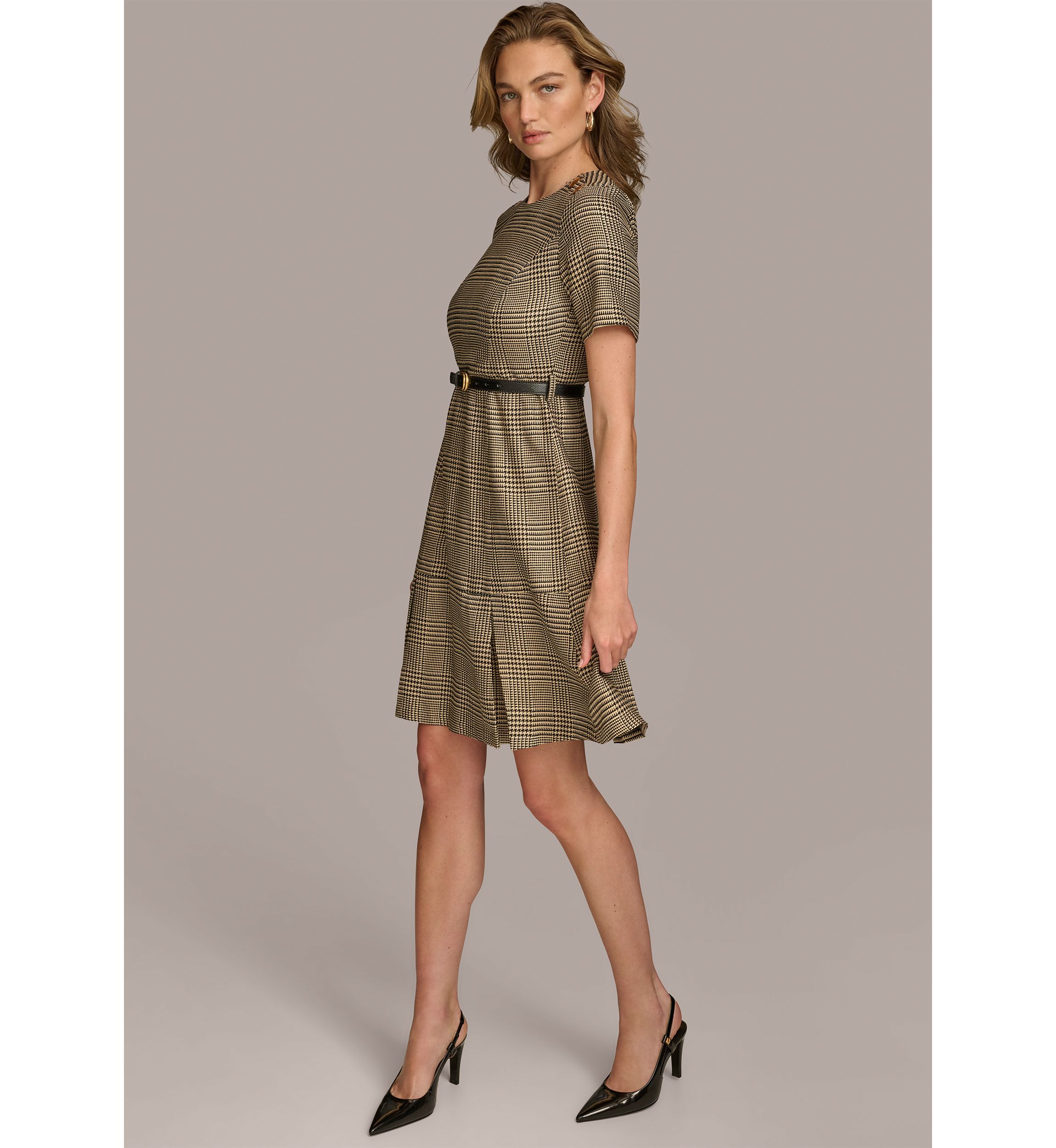 Womens Solid Belted Fit and Flare Dress