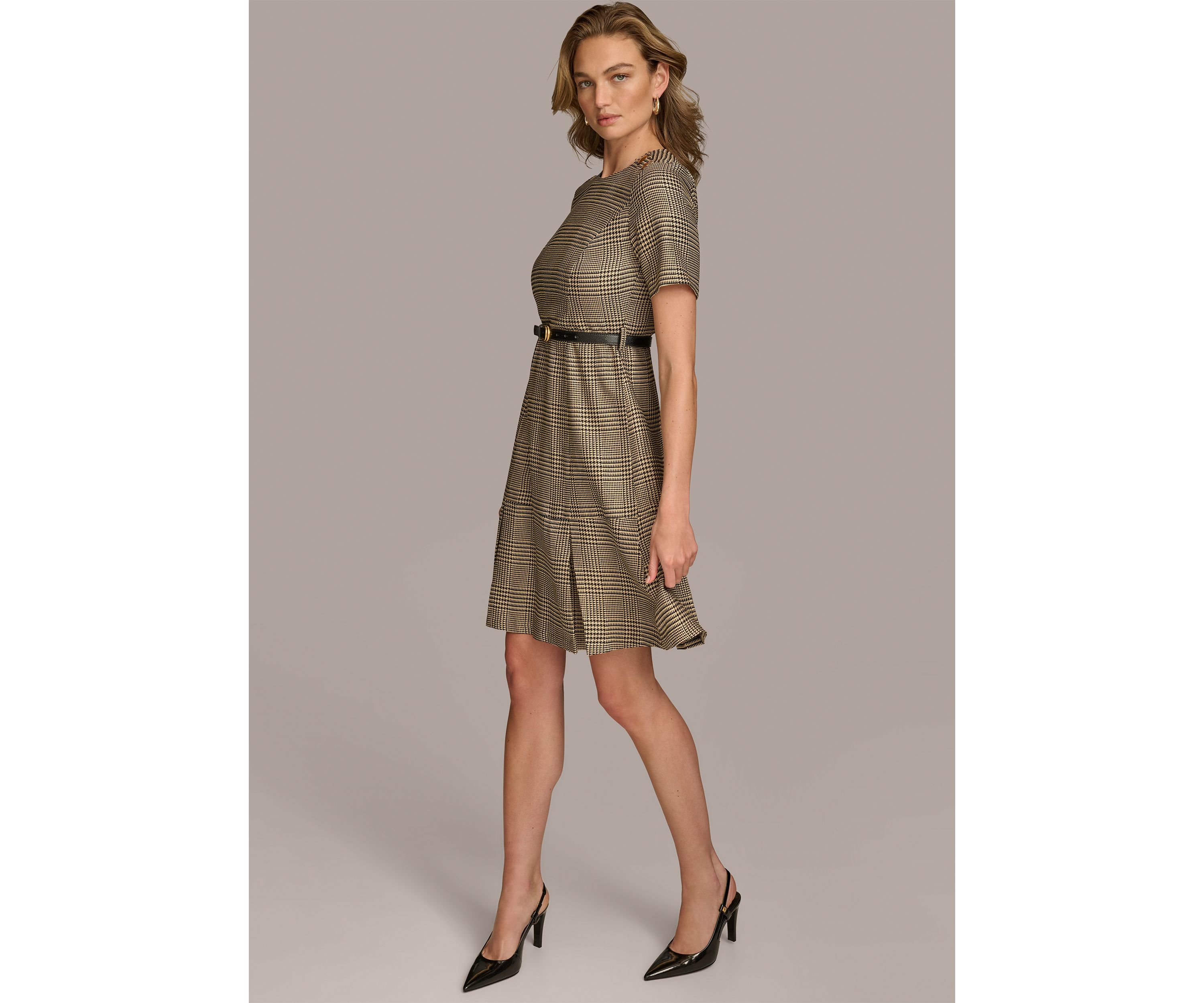 Womens Solid Belted Fit and Flare Dress