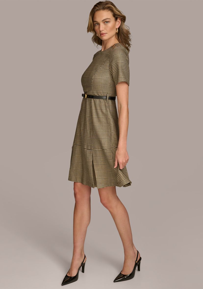 Womens Solid Belted Fit and Flare Dress