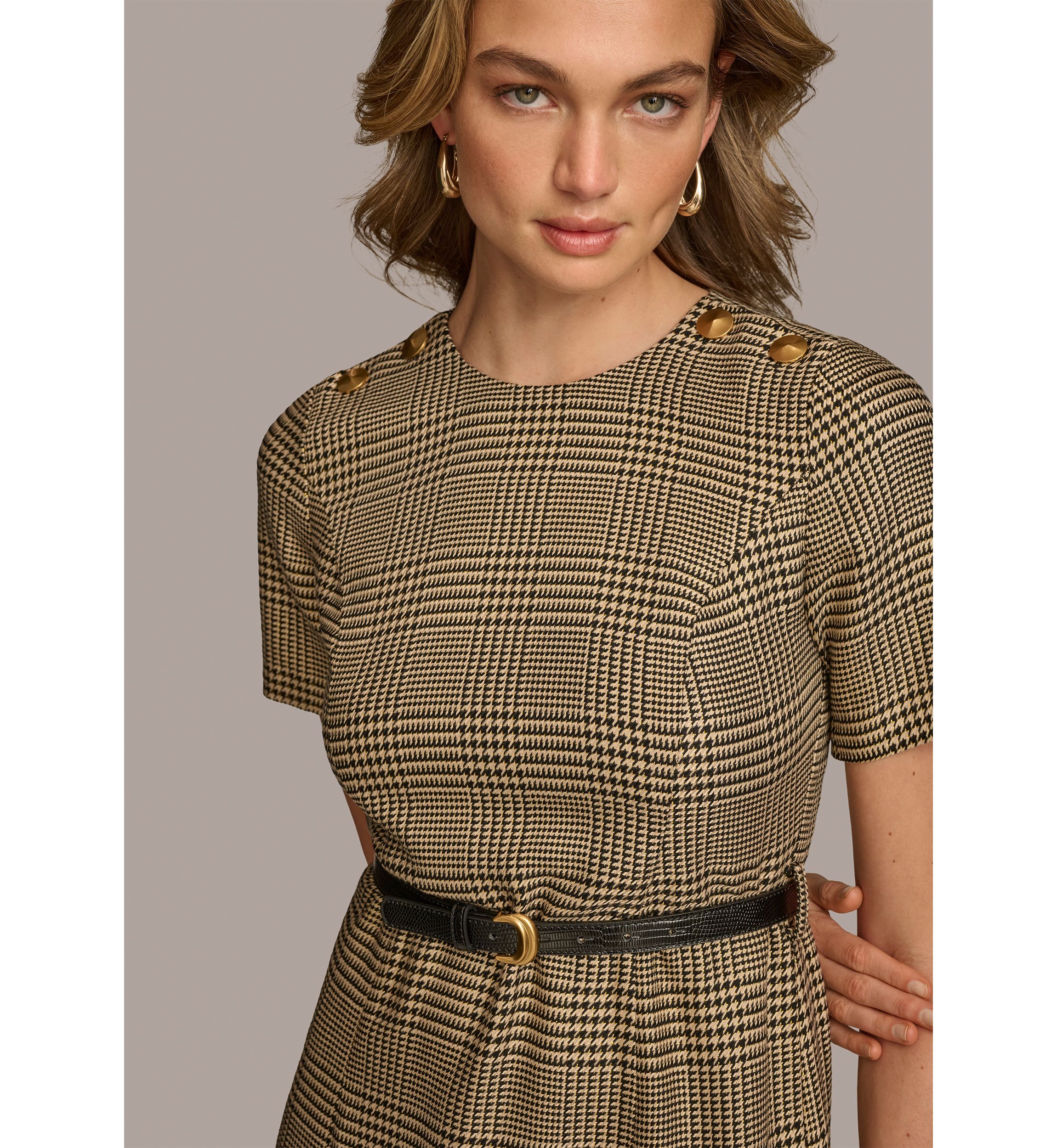 Womens Solid Belted Fit and Flare Dress