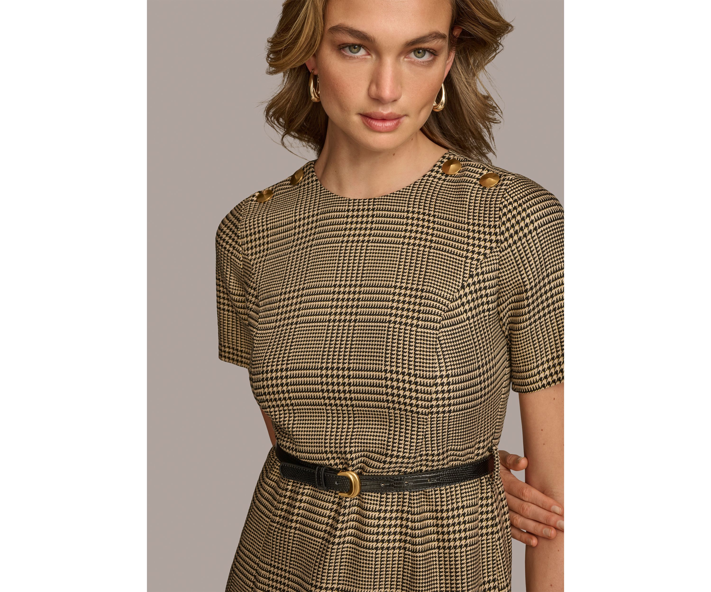 Womens Solid Belted Fit and Flare Dress