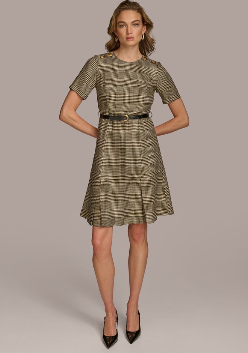 Womens Solid Belted Fit and Flare Dress