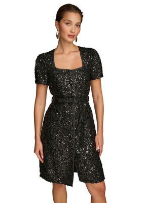 Donna Karan New York Women's Puff Sleeve Sequin Sheath Dress, Black, 2