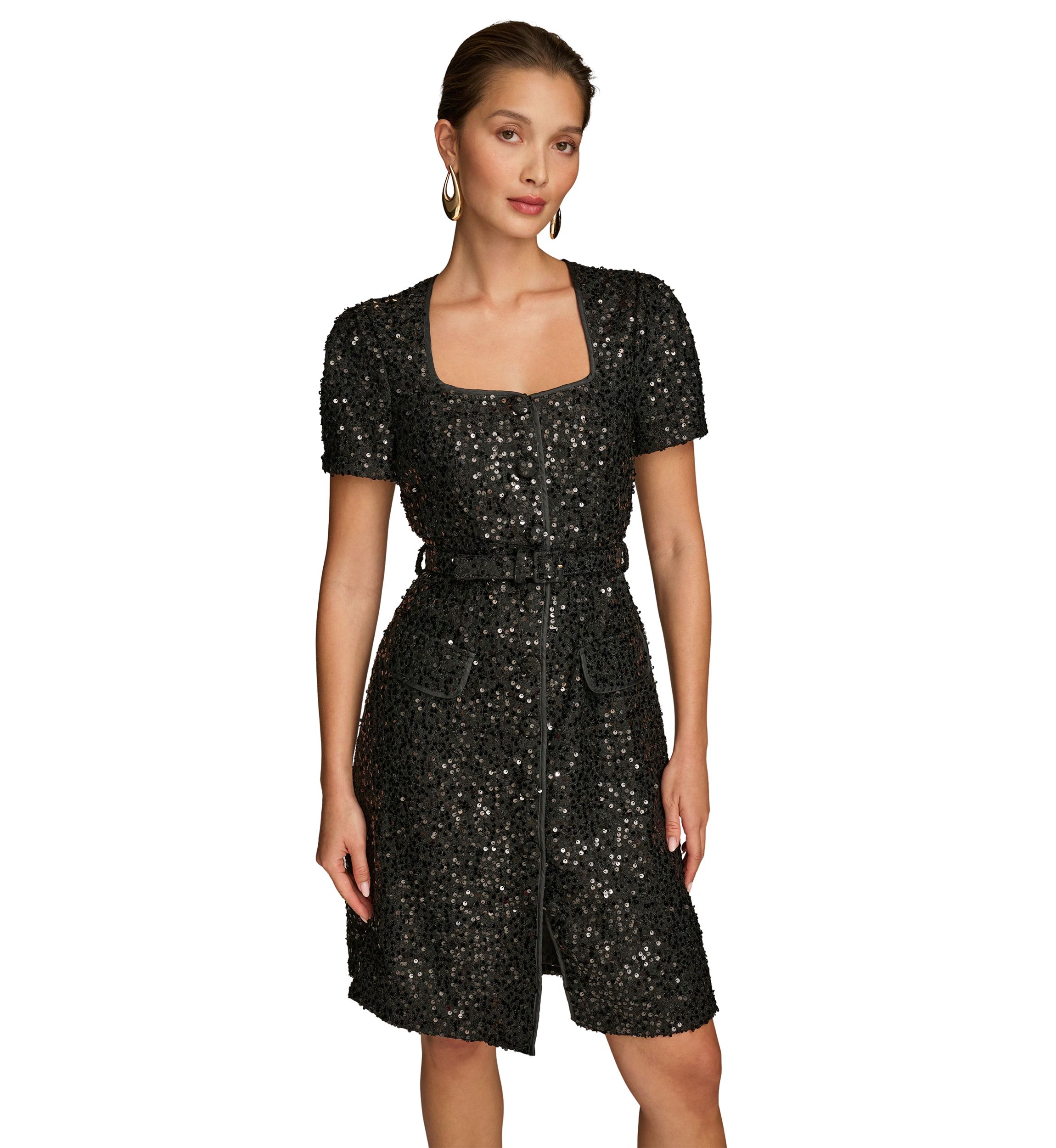 Womens Puff Sleeve Sequin Sheath Dress
