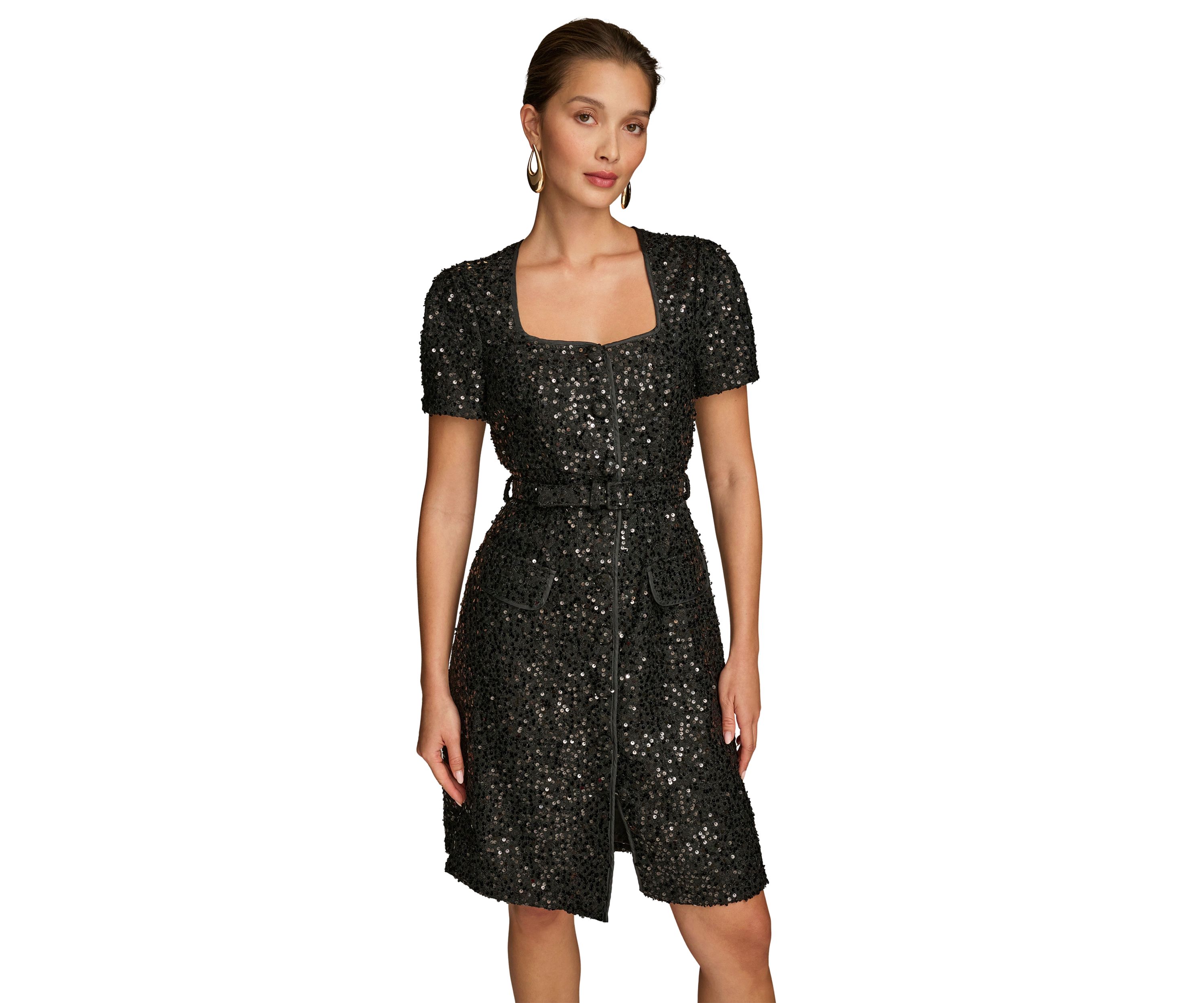 Womens Puff Sleeve Sequin Sheath Dress