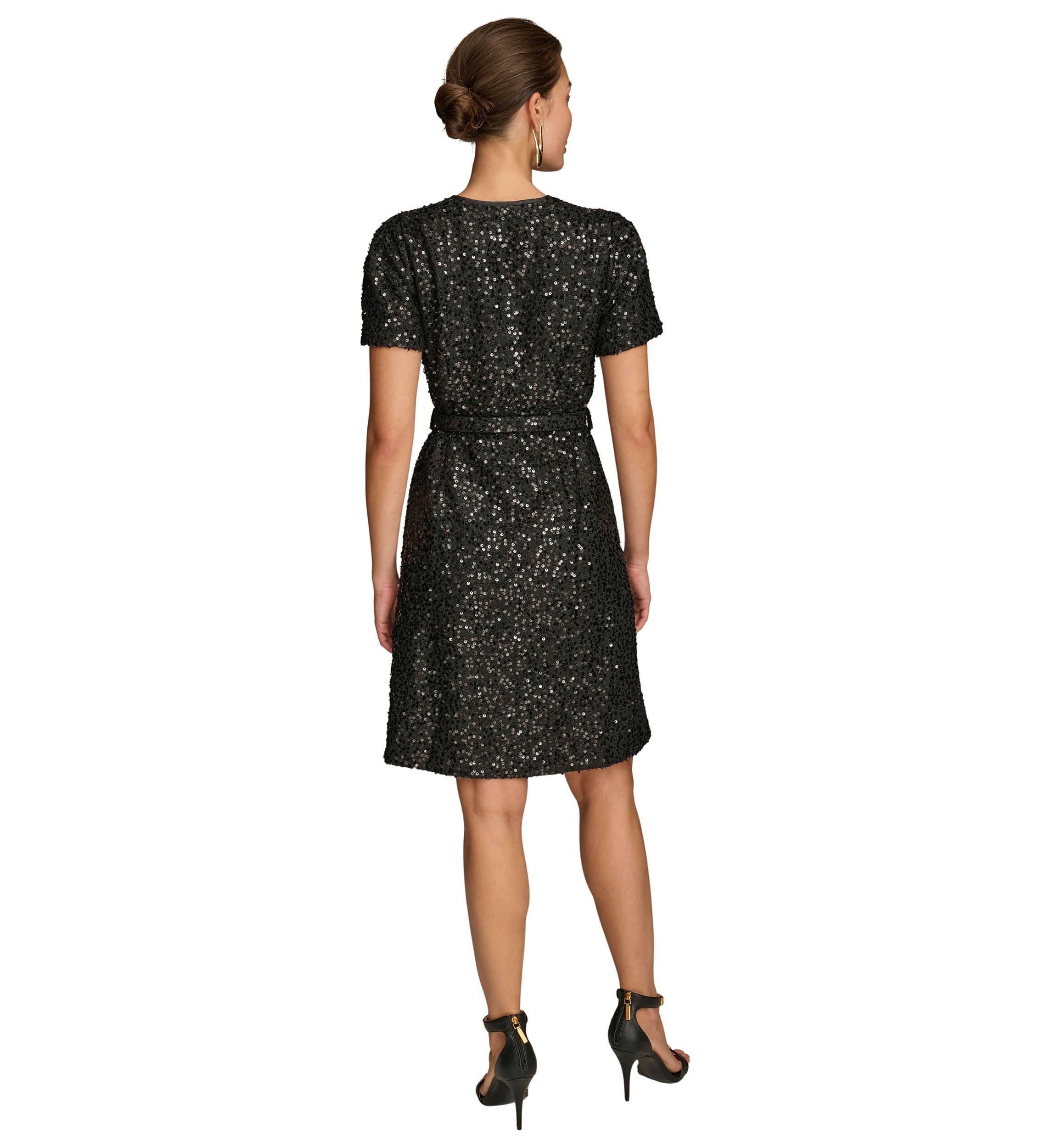 Womens Puff Sleeve Sequin Sheath Dress