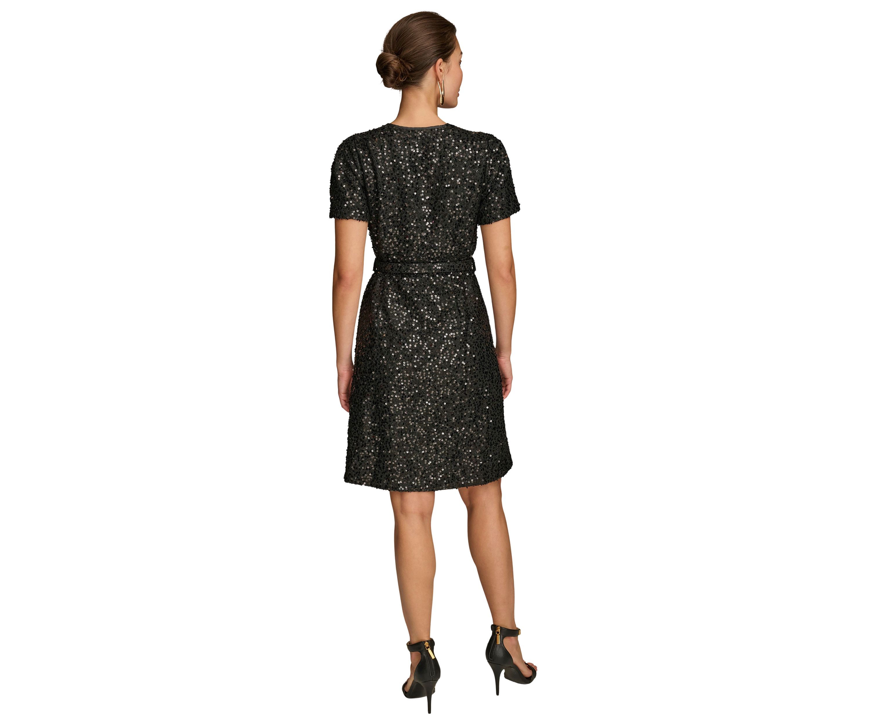 Womens Puff Sleeve Sequin Sheath Dress