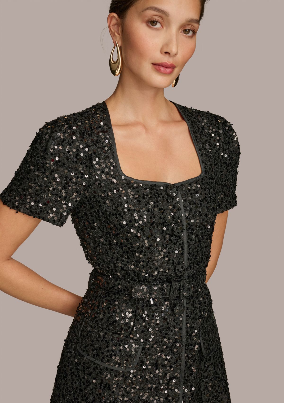 Womens Puff Sleeve Sequin Sheath Dress