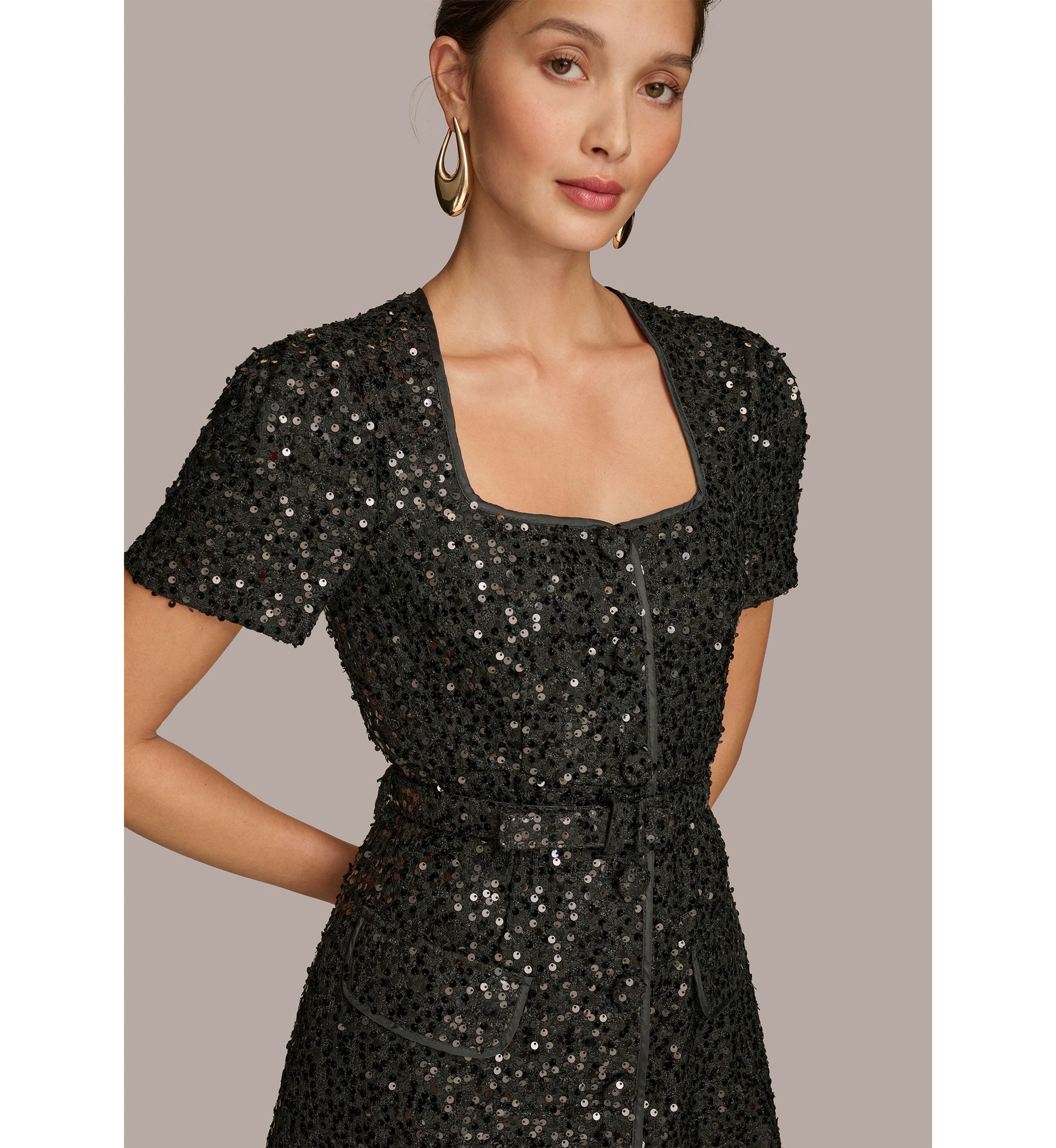 Womens Puff Sleeve Sequin Sheath Dress