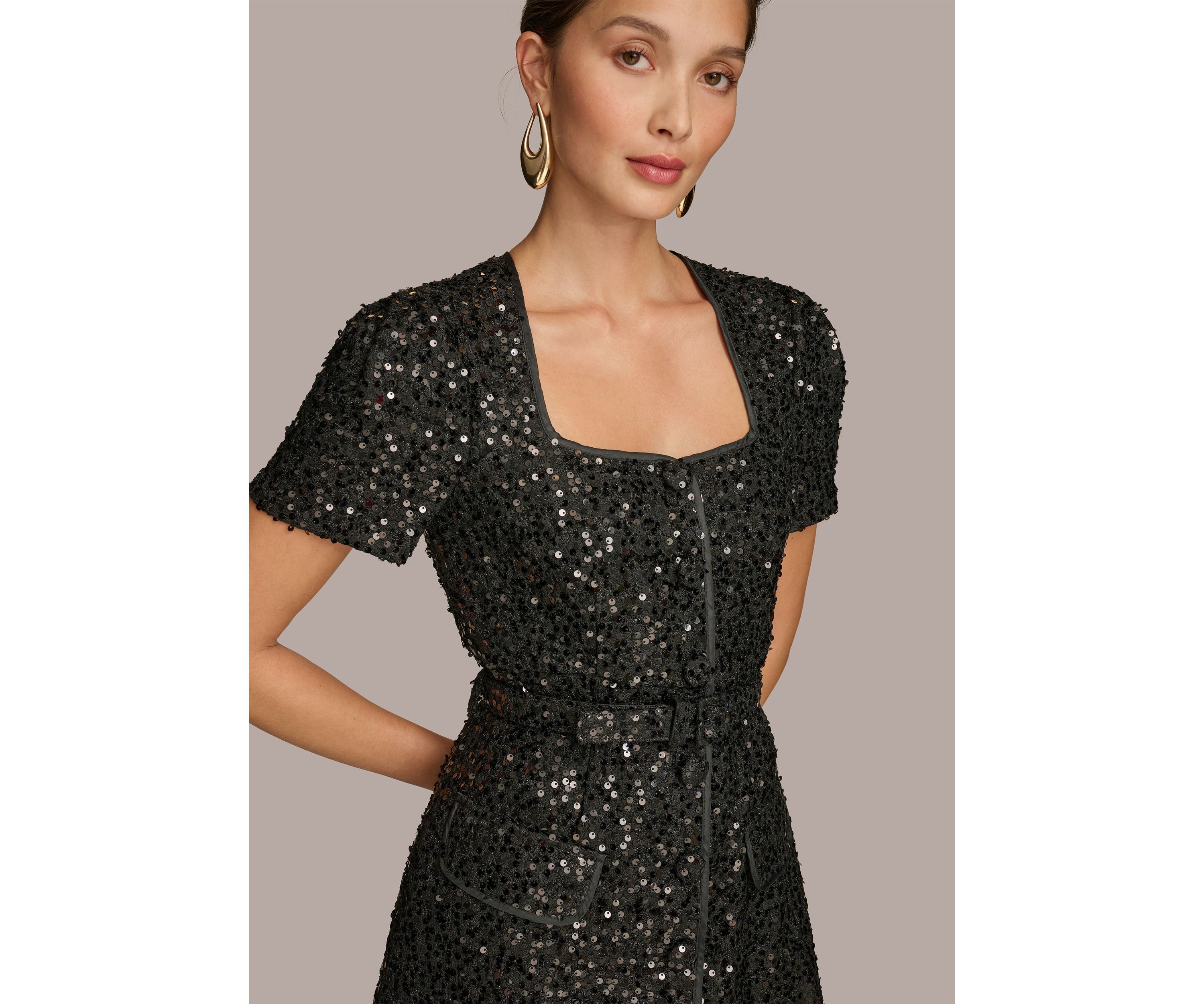 Womens Puff Sleeve Sequin Sheath Dress