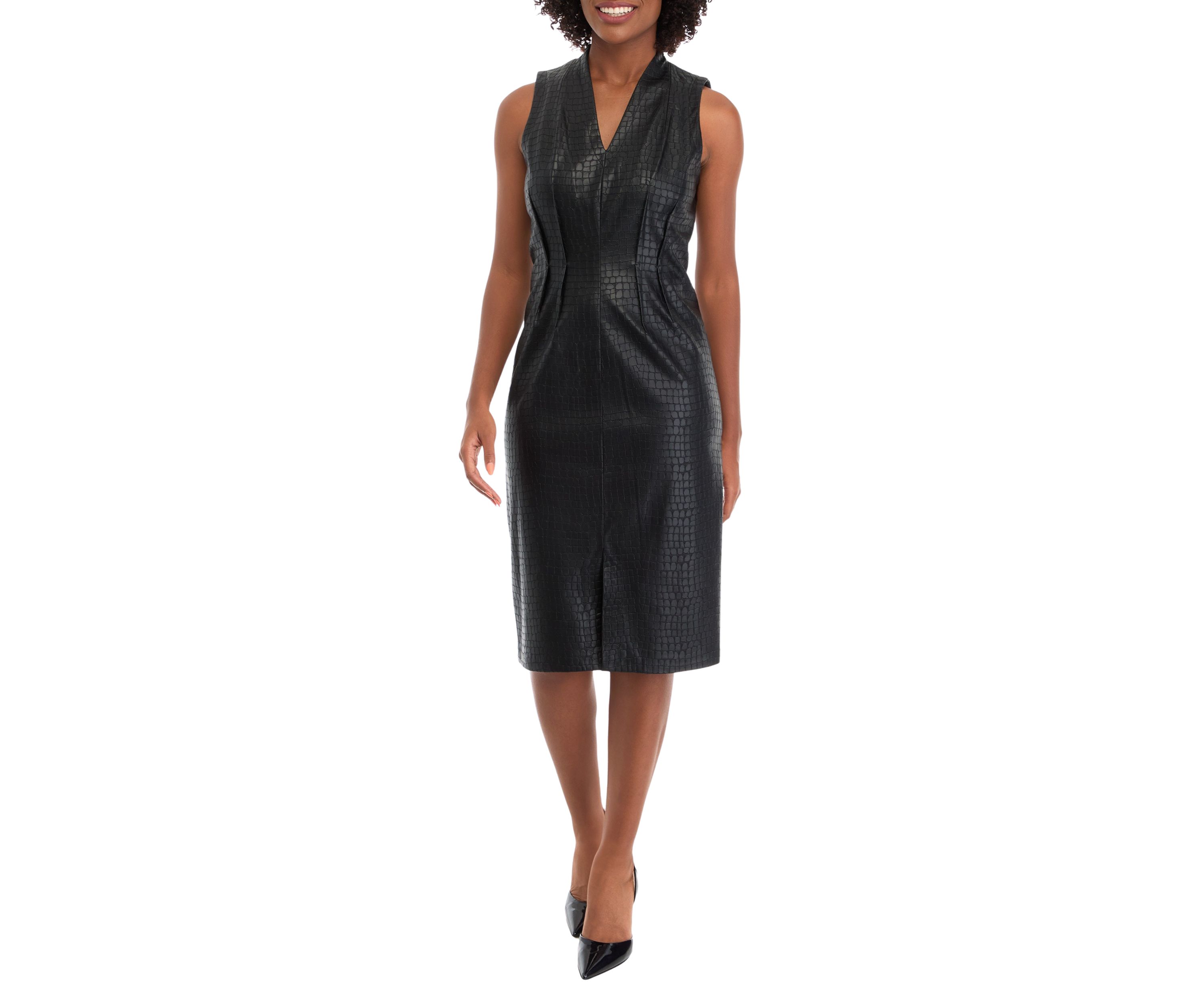 Womens Sleeveless V-Neck Solid Leather Sheath Dress