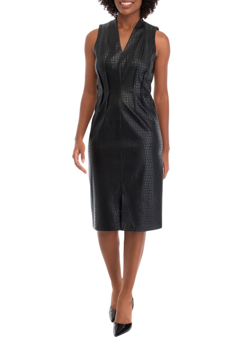 Womens Sleeveless V-Neck Solid Leather Sheath Dress