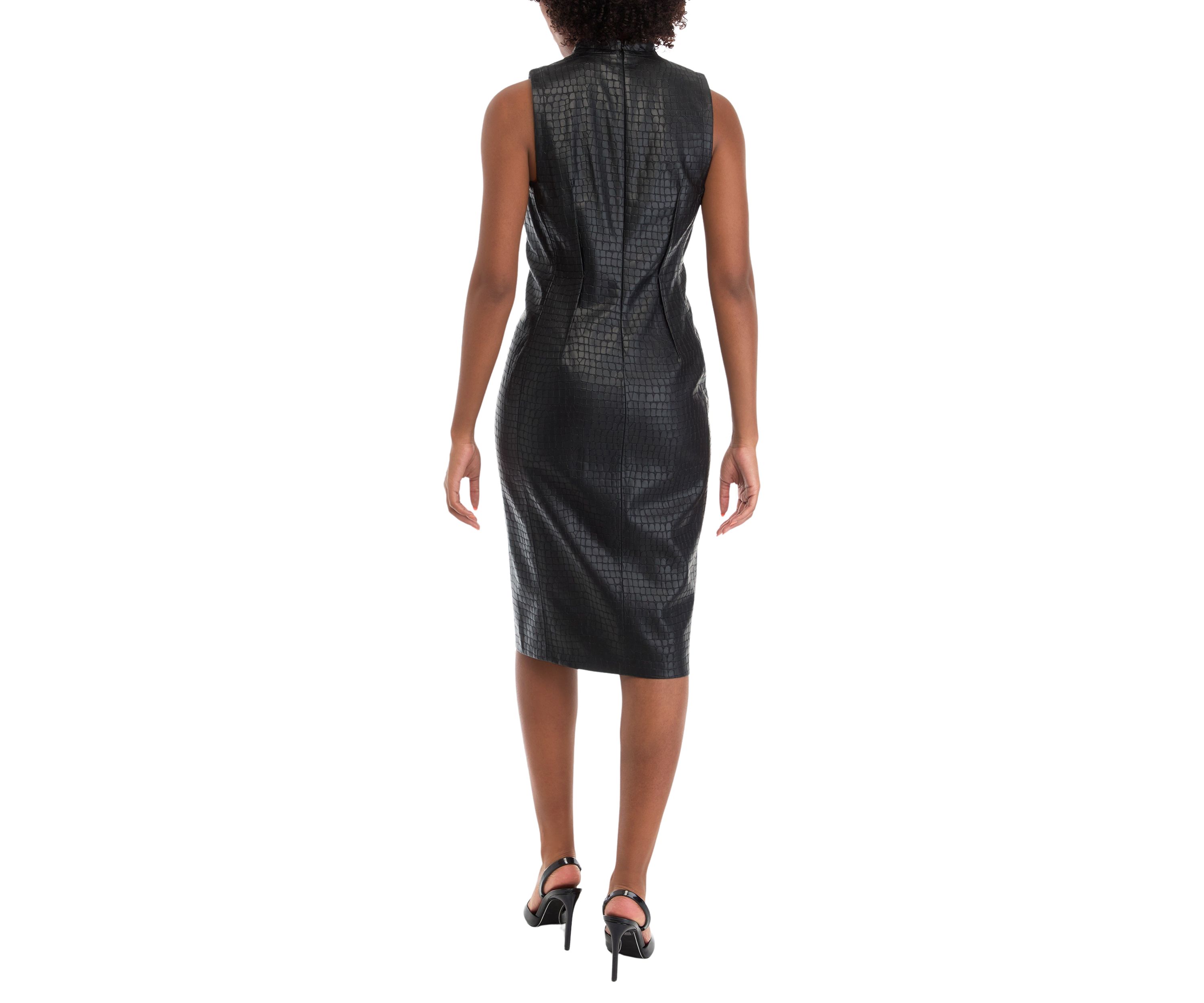 Womens Sleeveless V-Neck Solid Leather Sheath Dress