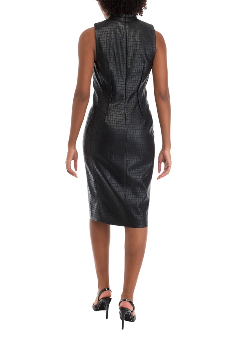 Womens Sleeveless V-Neck Solid Leather Sheath Dress