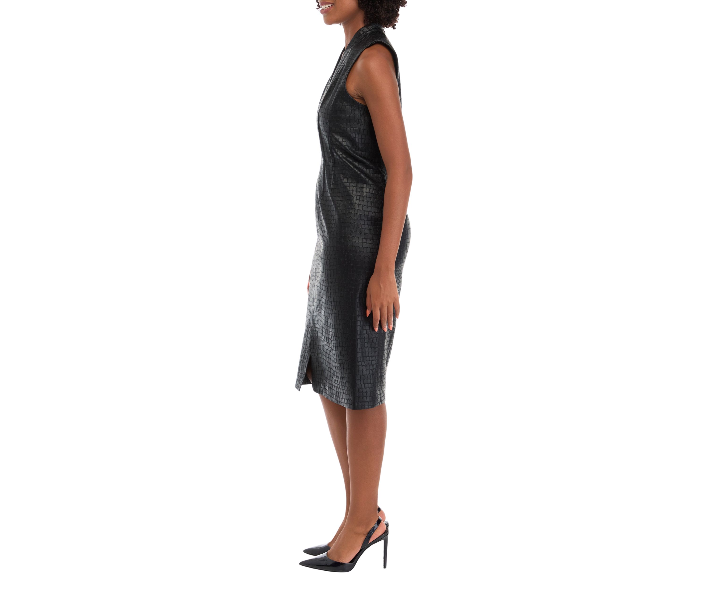 Womens Sleeveless V-Neck Solid Leather Sheath Dress