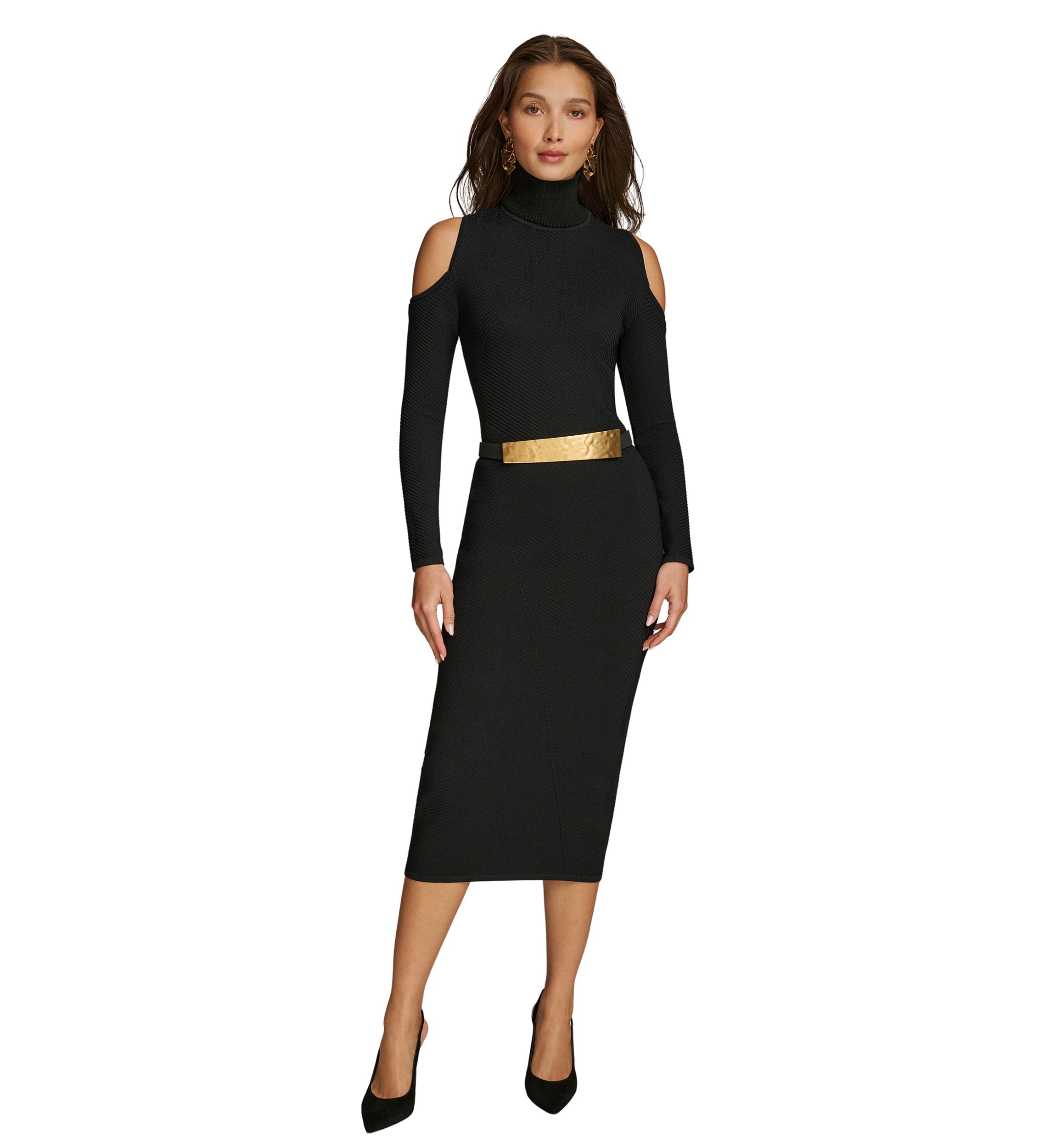 Womens Long Sleeve Cold Shoulder Belted Midi Dress