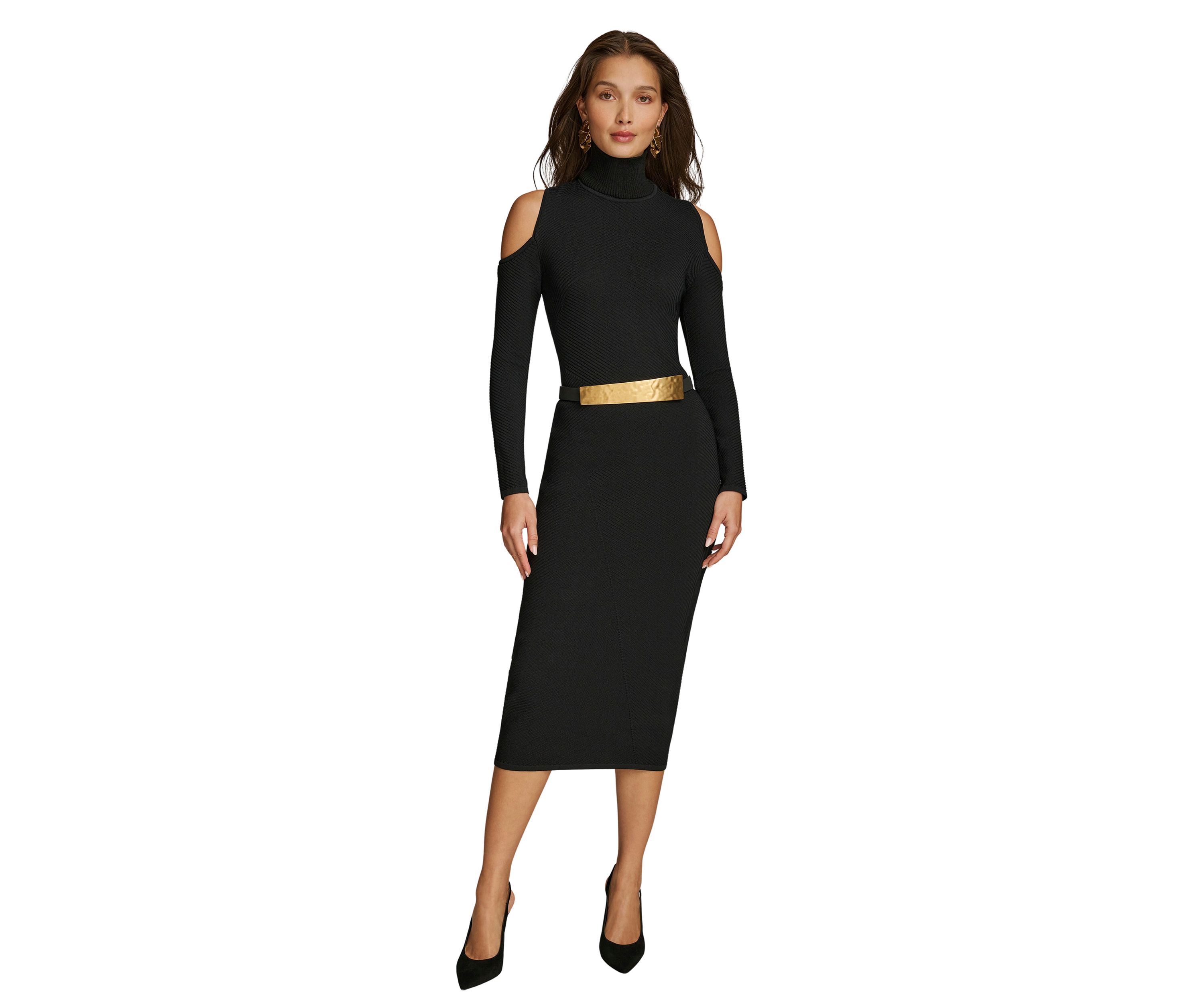Womens Long Sleeve Cold Shoulder Belted Midi Dress