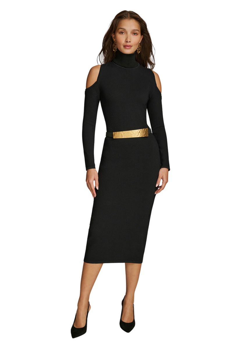 Womens Long Sleeve Cold Shoulder Belted Midi Dress