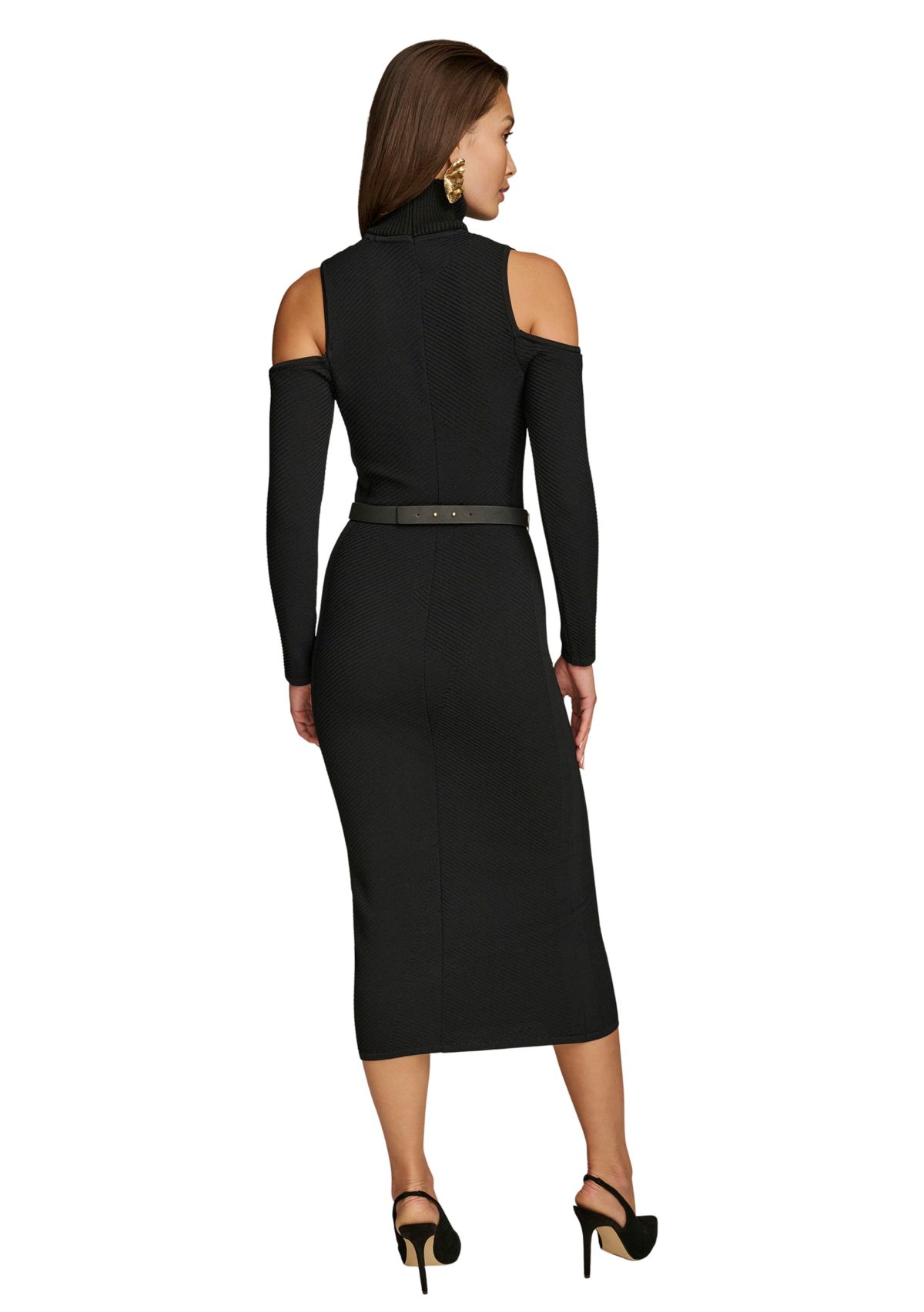 Womens Long Sleeve Cold Shoulder Belted Midi Dress