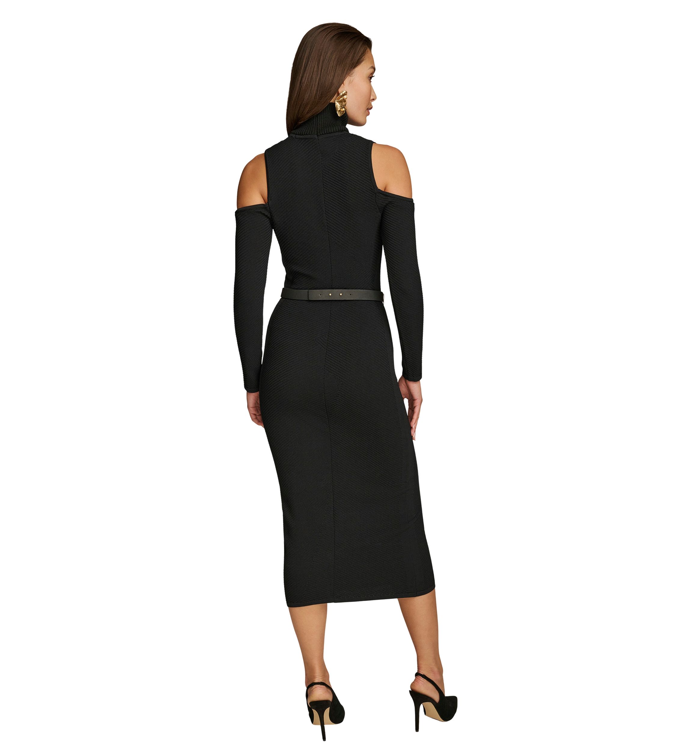 Womens Long Sleeve Cold Shoulder Belted Midi Dress