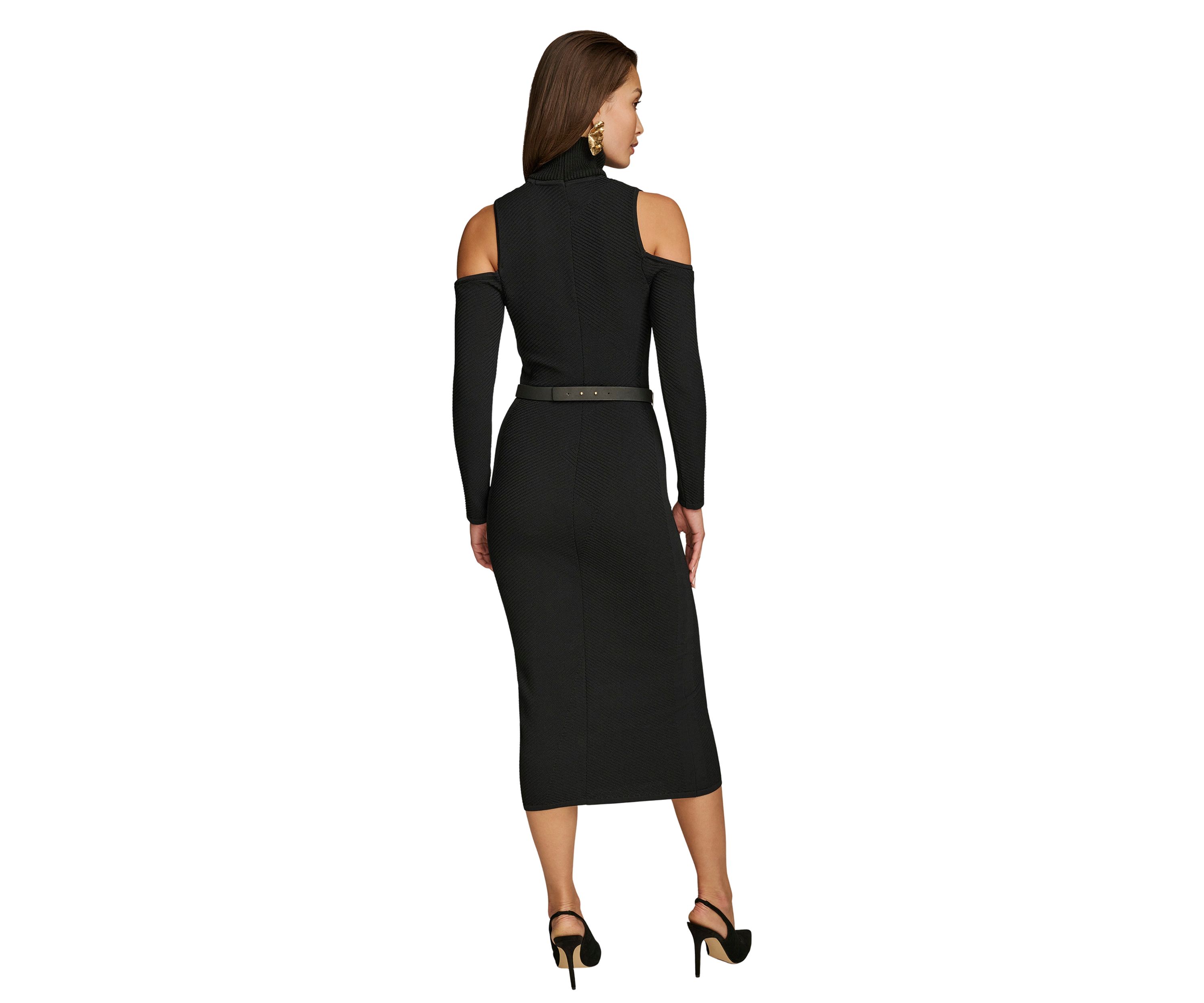 Womens Long Sleeve Cold Shoulder Belted Midi Dress
