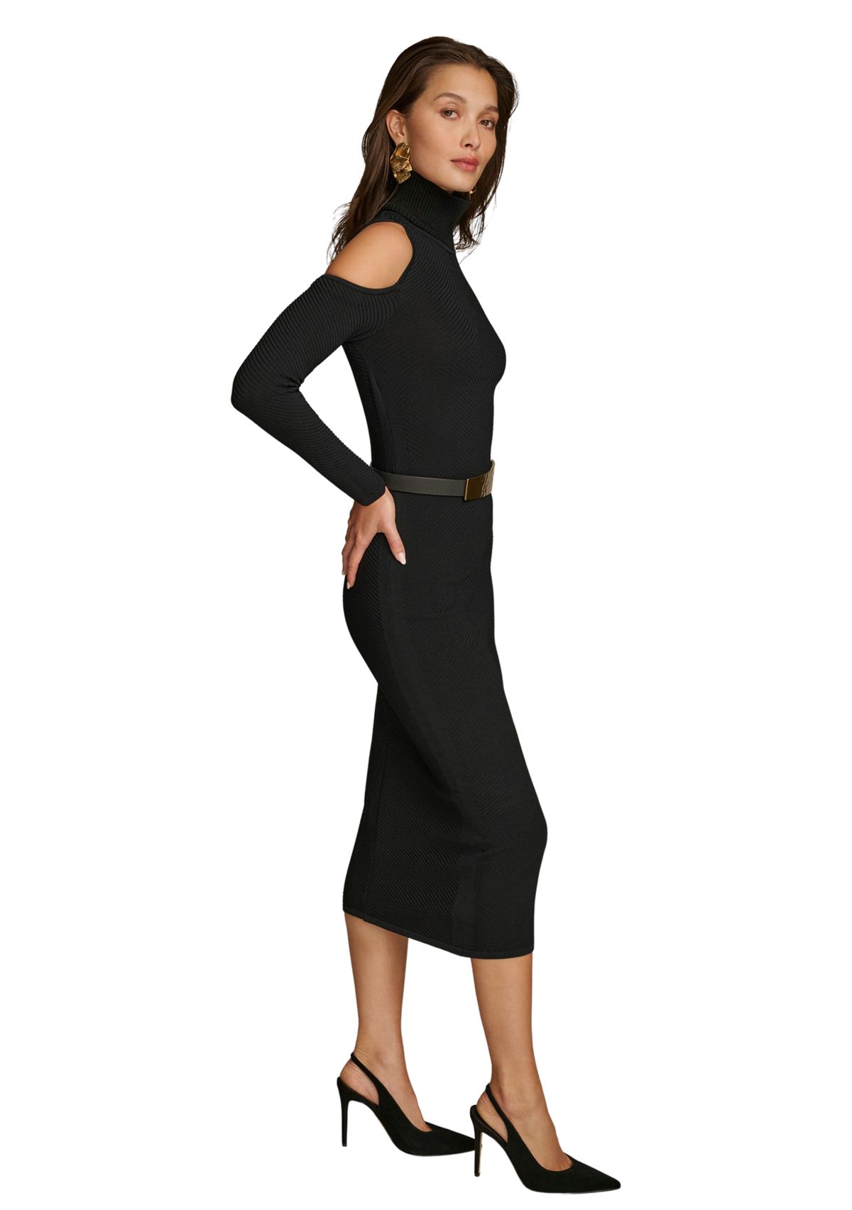 Womens Long Sleeve Cold Shoulder Belted Midi Dress