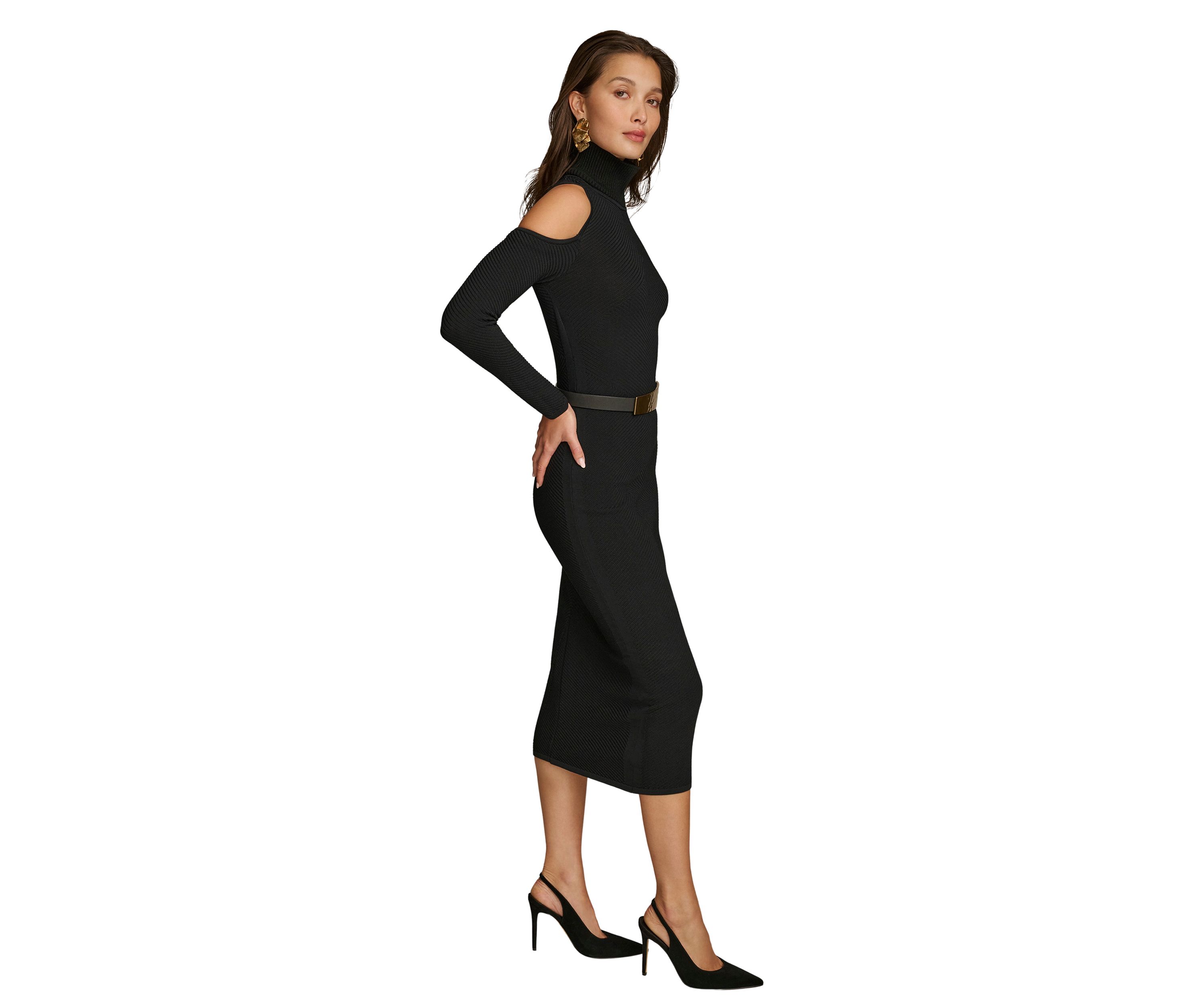 Womens Long Sleeve Cold Shoulder Belted Midi Dress