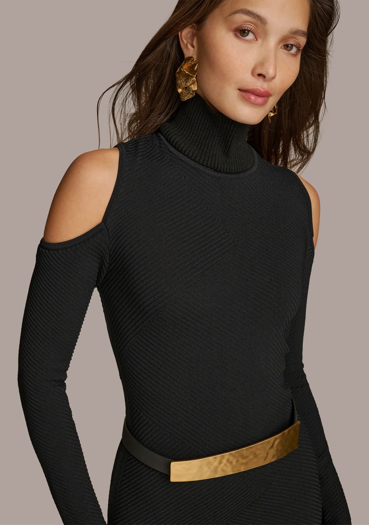 Womens Long Sleeve Cold Shoulder Belted Midi Dress