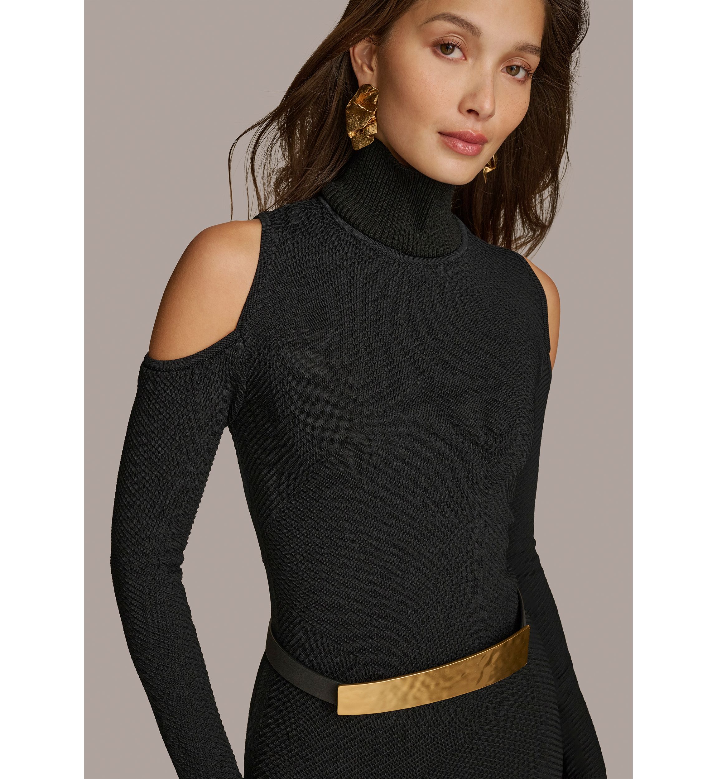 Womens Long Sleeve Cold Shoulder Belted Midi Dress