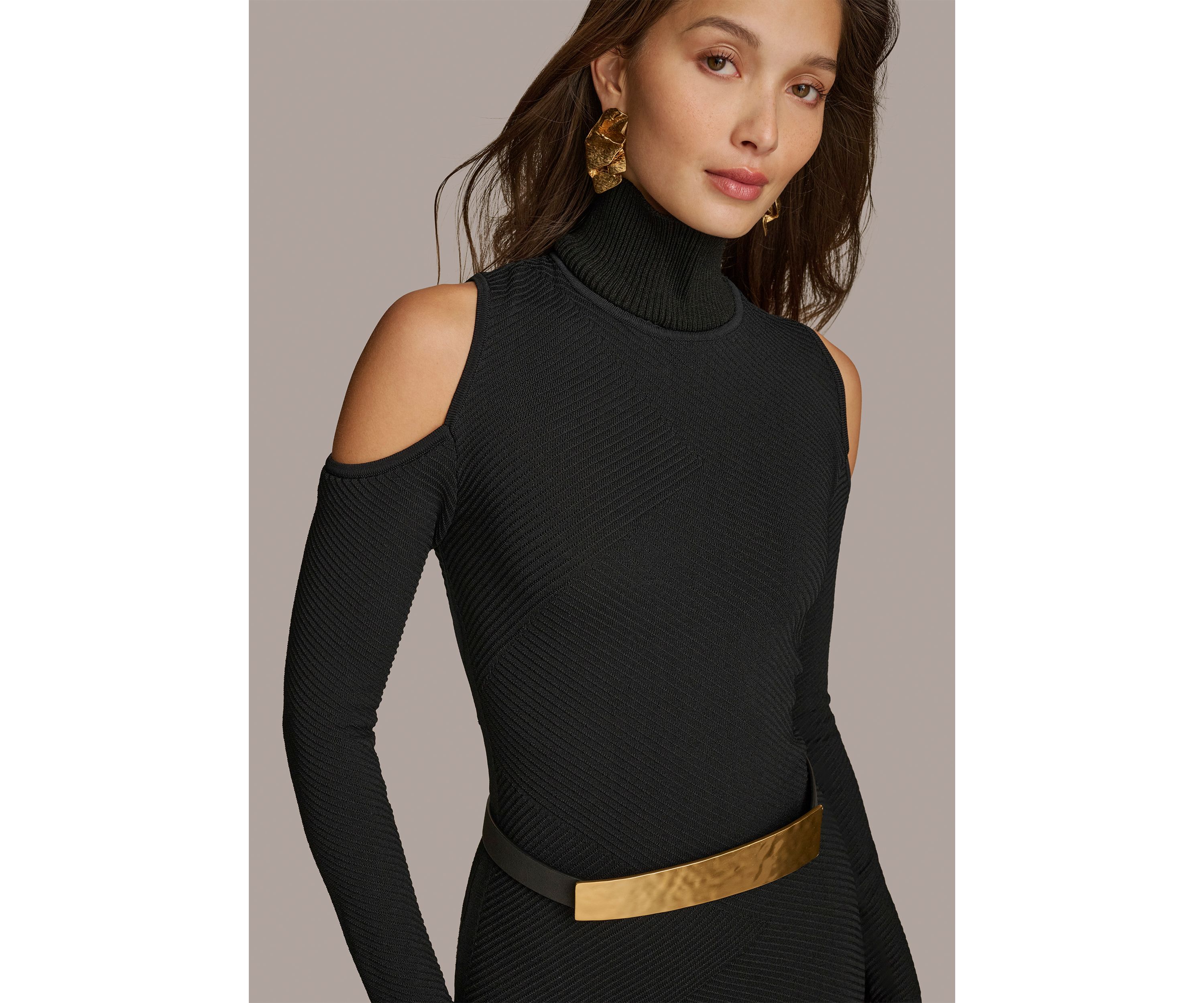 Womens Long Sleeve Cold Shoulder Belted Midi Dress