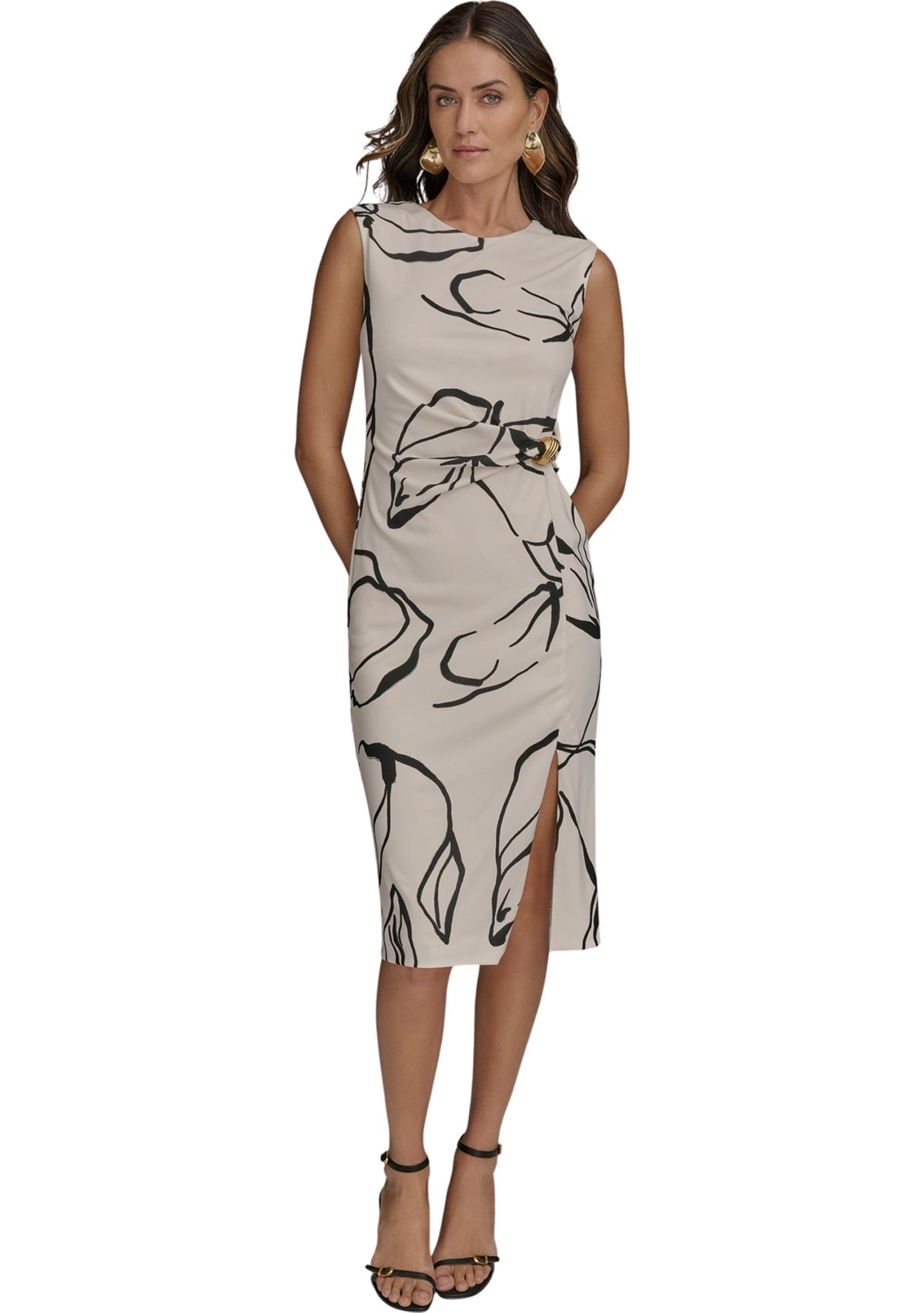 Womens Sleeveless Crew Neck Abstract Print Midi Dress