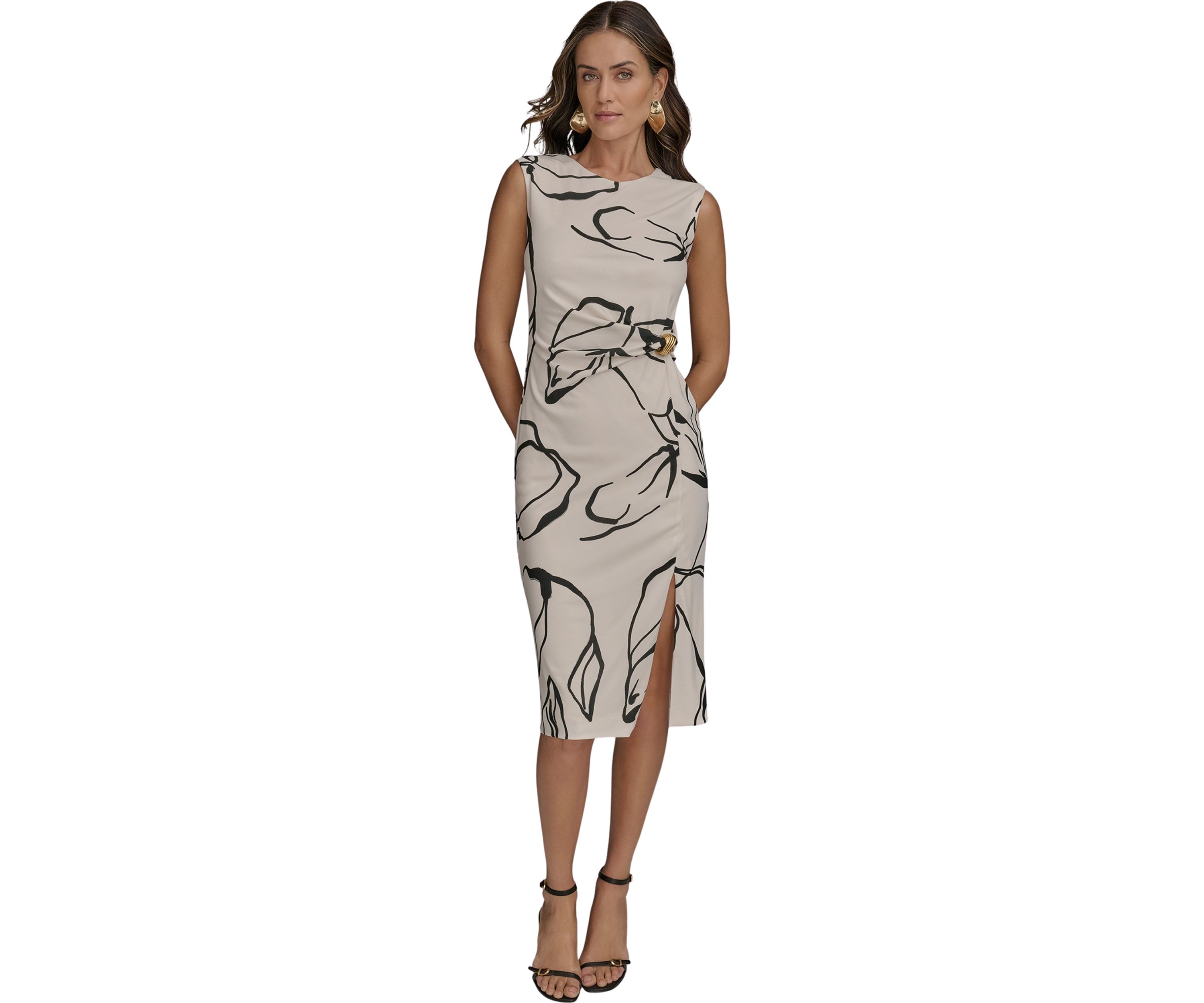 Womens Sleeveless Crew Neck Abstract Print Midi Dress