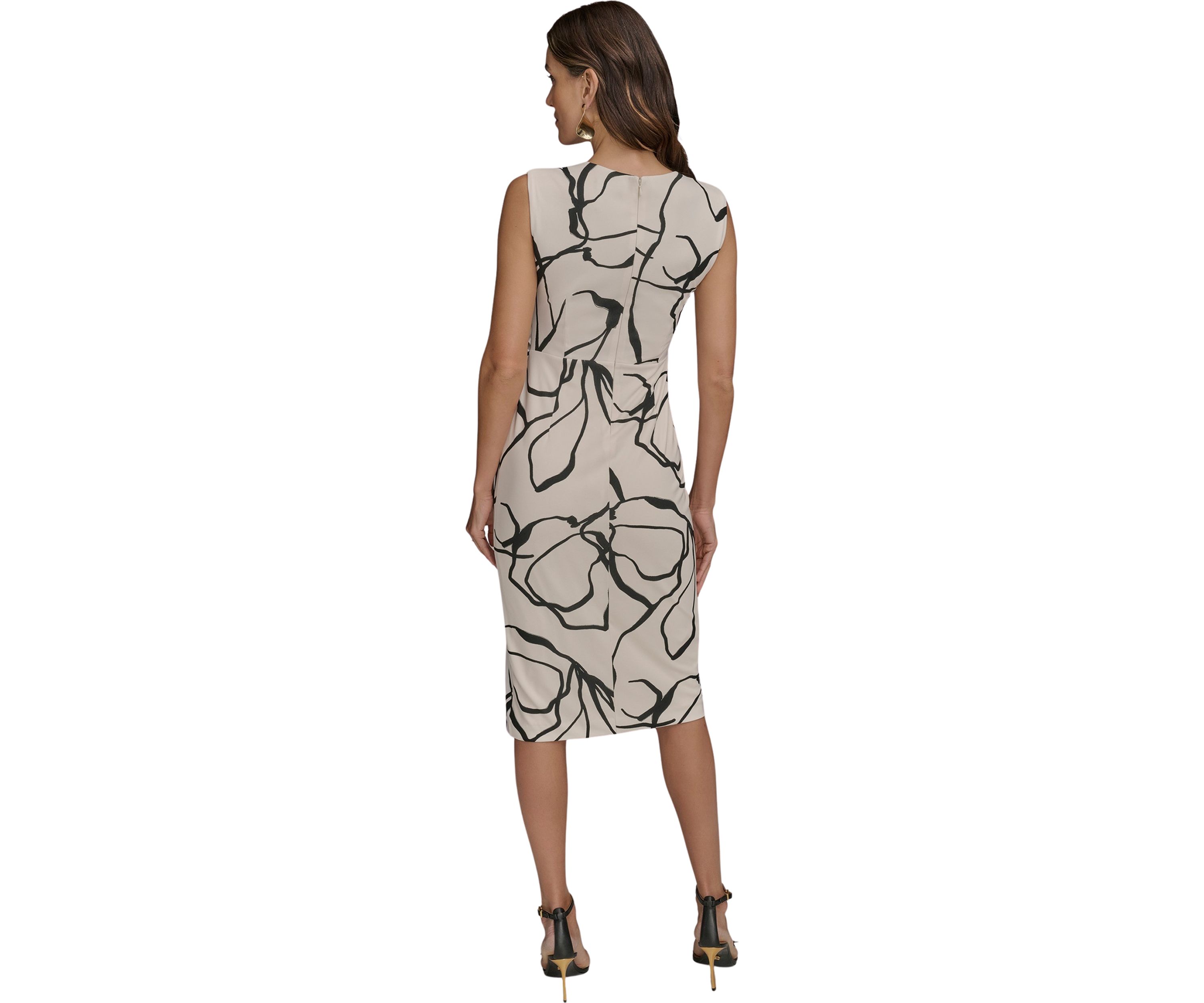 Womens Sleeveless Crew Neck Abstract Print Midi Dress