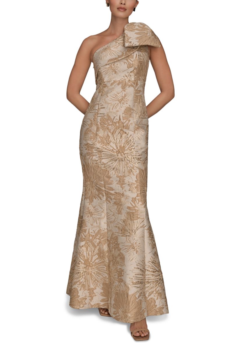 Donna Karan New York Women's One-Shoulder Jacquard Gown, Gold, 14
