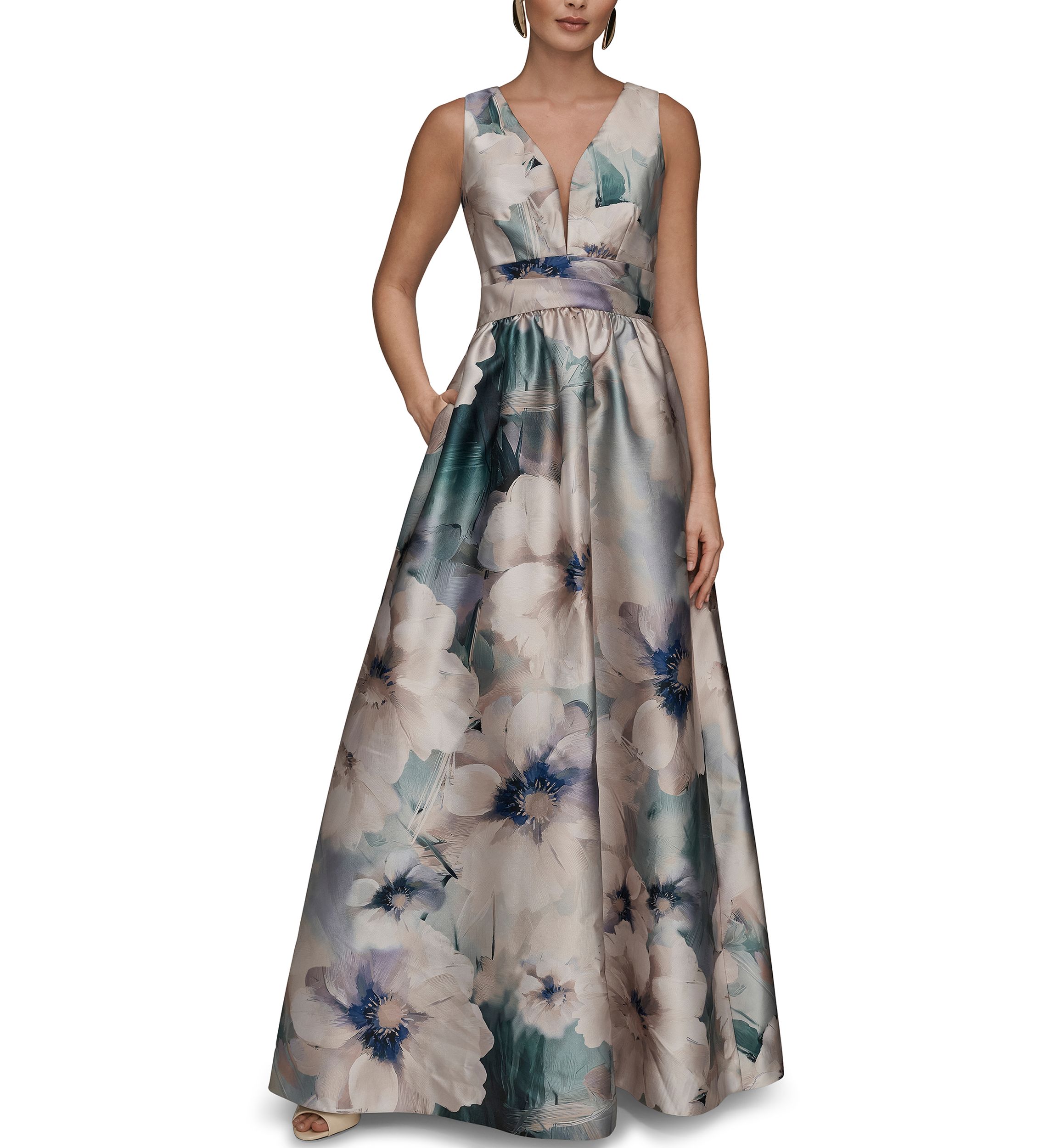 watercolor formal dress Elegant Halter Blue Watercolor Satin Crystal Detailed Open Back Maxi Dress