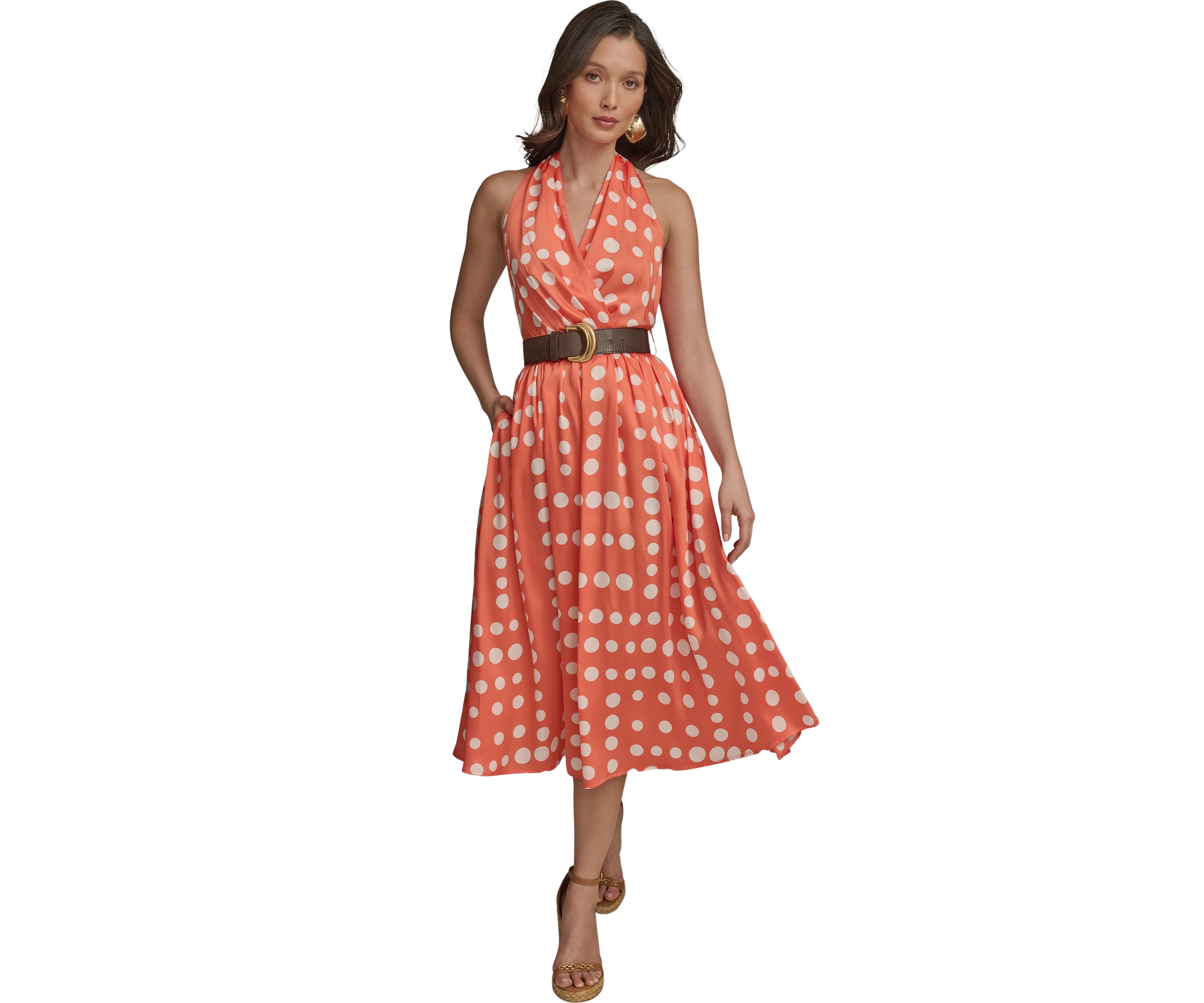 Womens Sleeveless Halter Dot Print Belted Midi Fit and Flare Dress