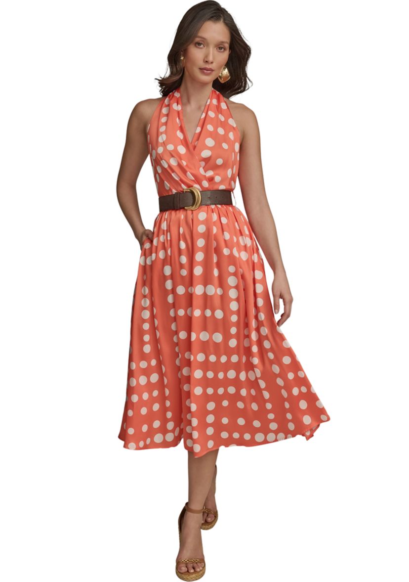 Womens Sleeveless Halter Dot Print Belted Midi Fit and Flare Dress