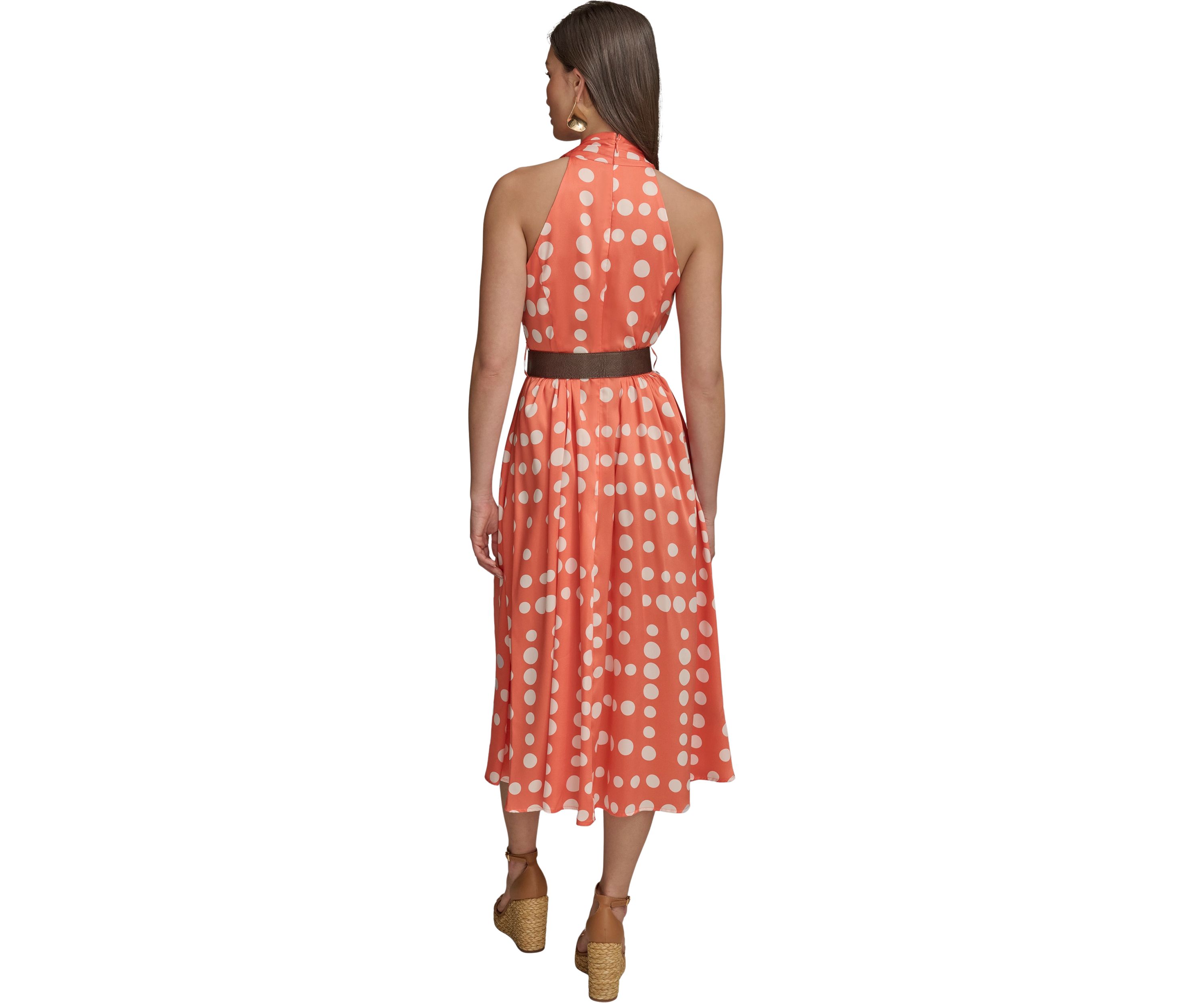 Womens Sleeveless Halter Dot Print Belted Midi Fit and Flare Dress