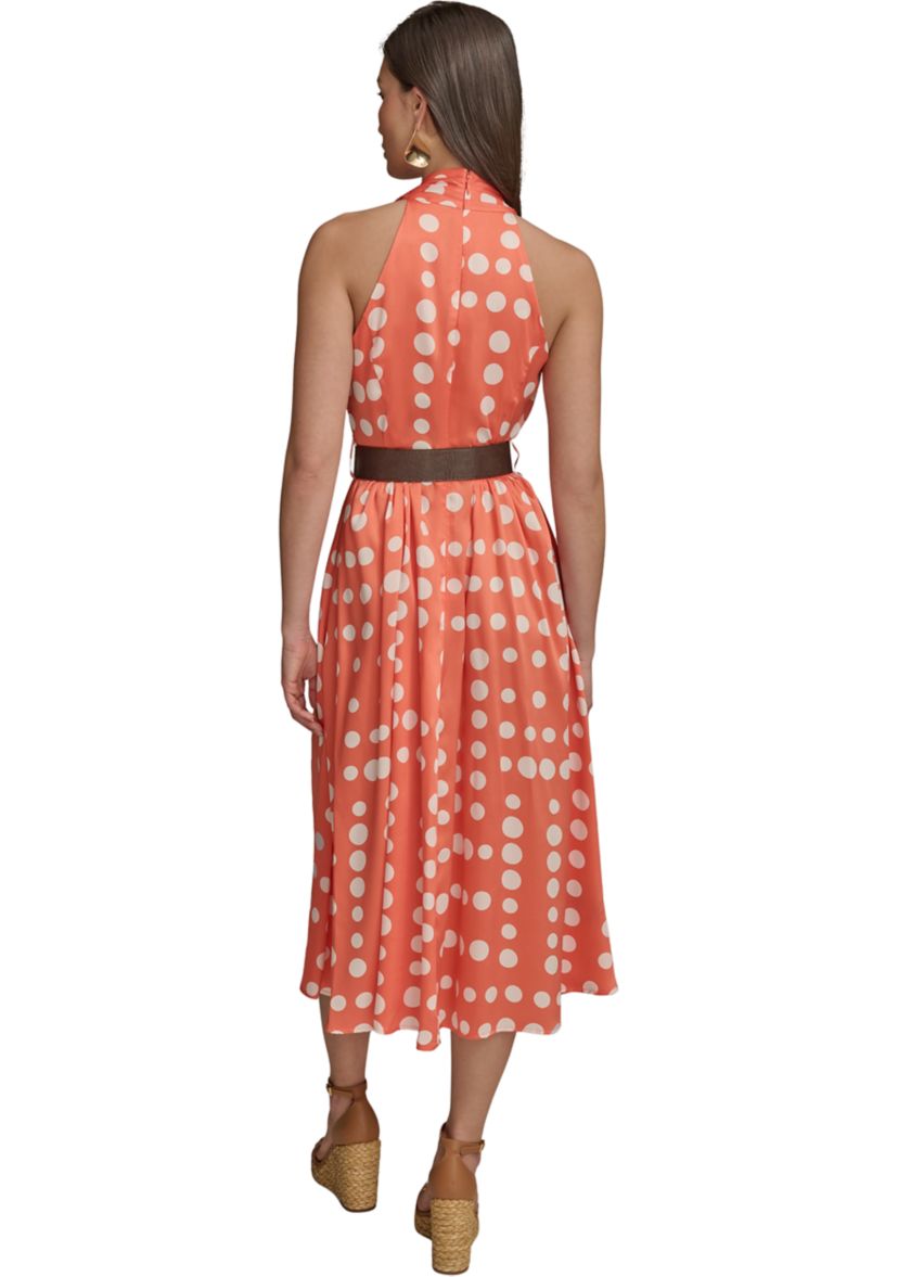 Womens Sleeveless Halter Dot Print Belted Midi Fit and Flare Dress