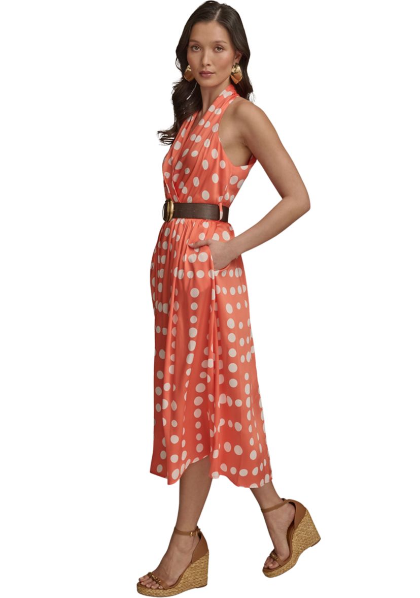Womens Sleeveless Halter Dot Print Belted Midi Fit and Flare Dress