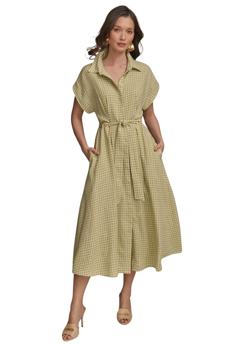 Womens Short Sleeve Collar Gingham Print Fit and Flare Dress